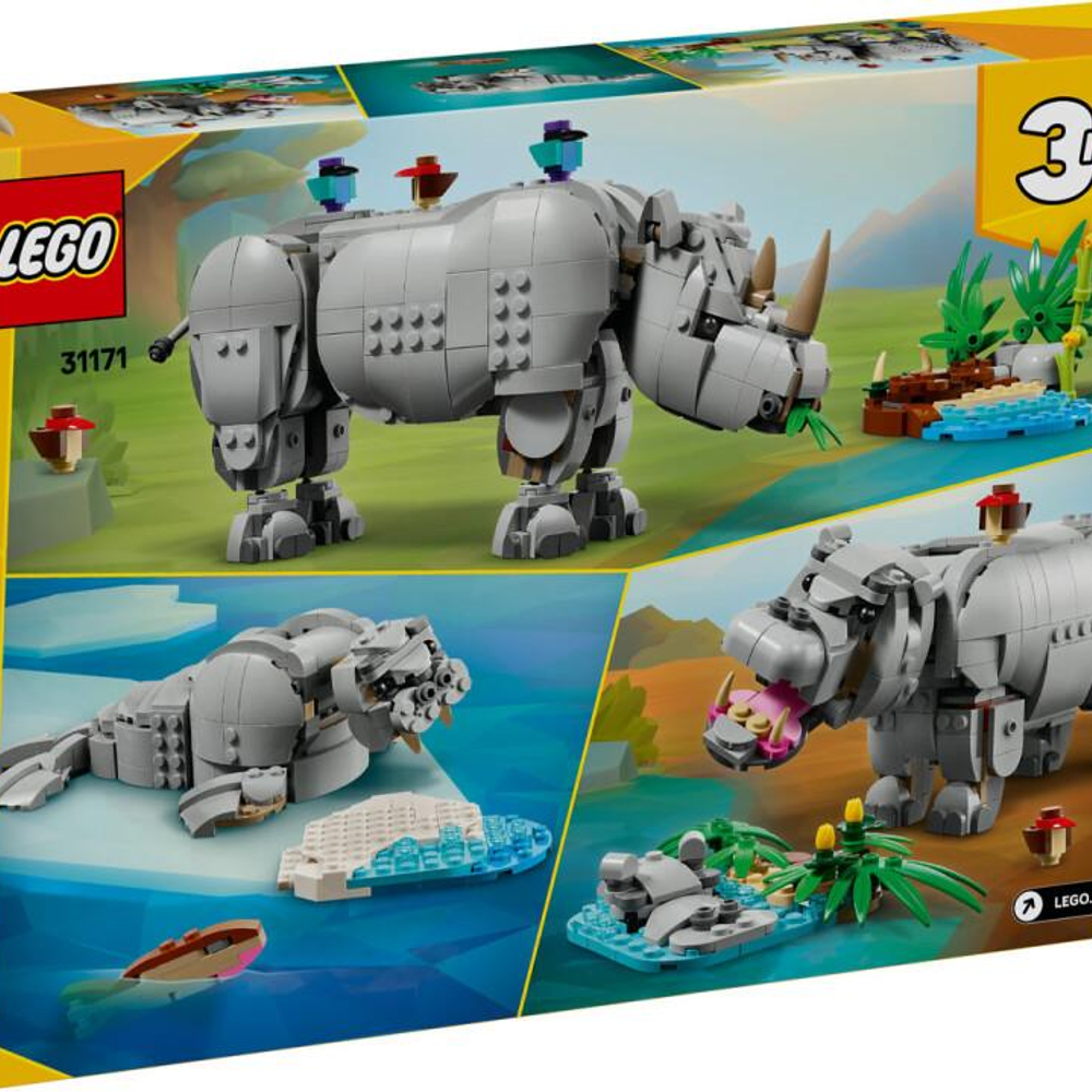 Set LEGO: un rinoceronte grigio, una foca e un ippopotamo su vari paesaggi.