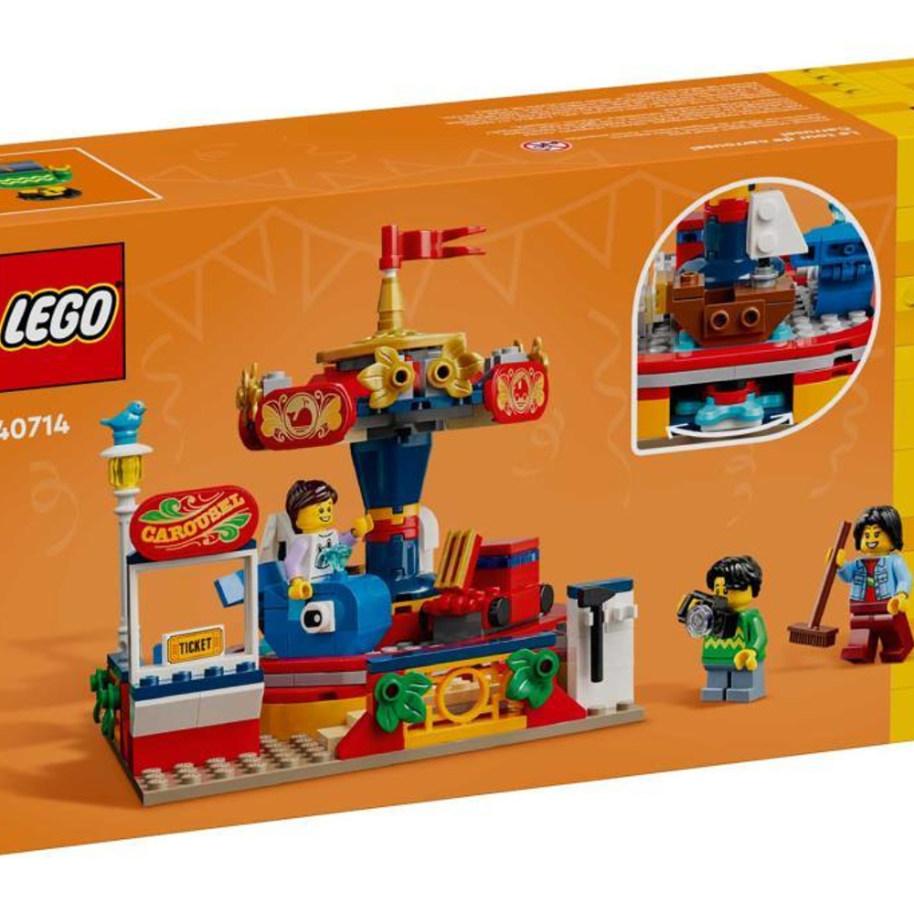 Figürler, bilet gişesi ve süslemelerle renkli bir Lego dönme dolap oyuncağı.