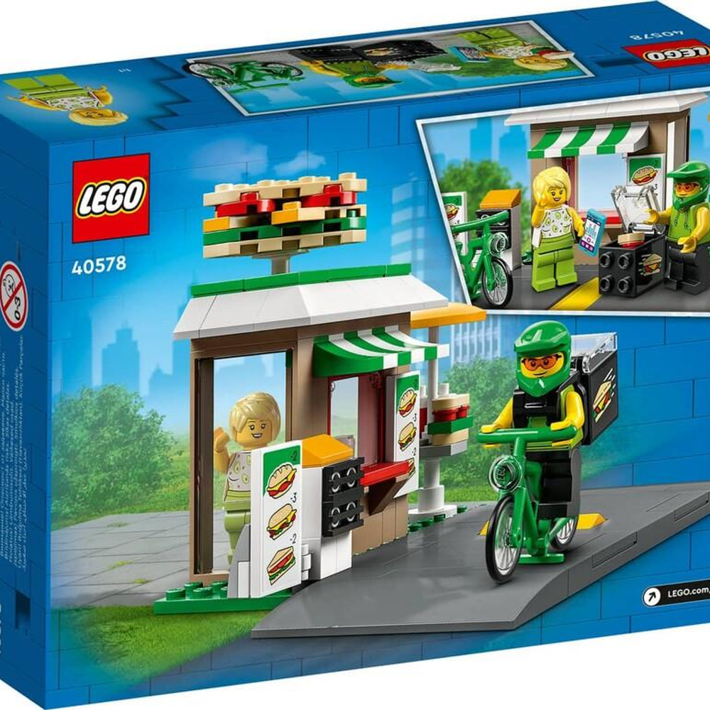 Teslimat kutulu bisikletli bir minifigürlü Lego burger dükkanı.