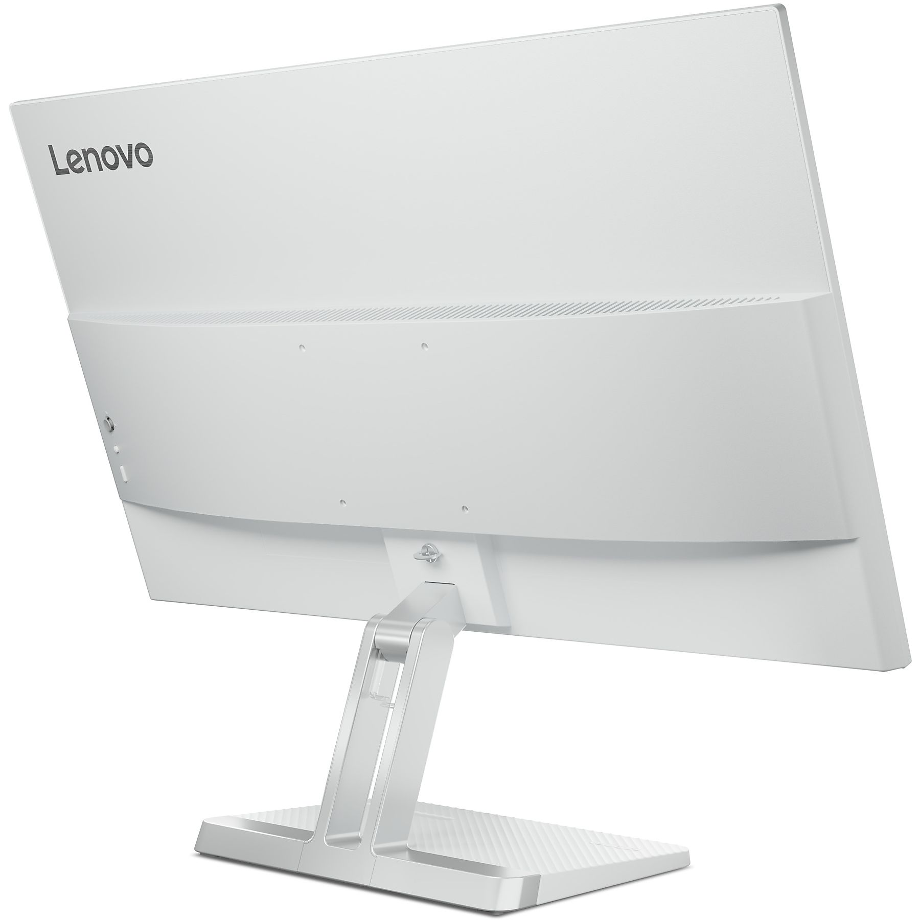 Gümüş standlı beyaz Lenovo monitörün arka görünümü.