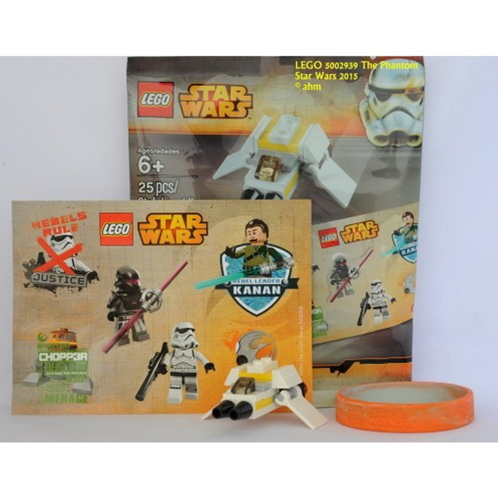 Figure Lego Star Wars e una piccola astronave su sfondo arancione.