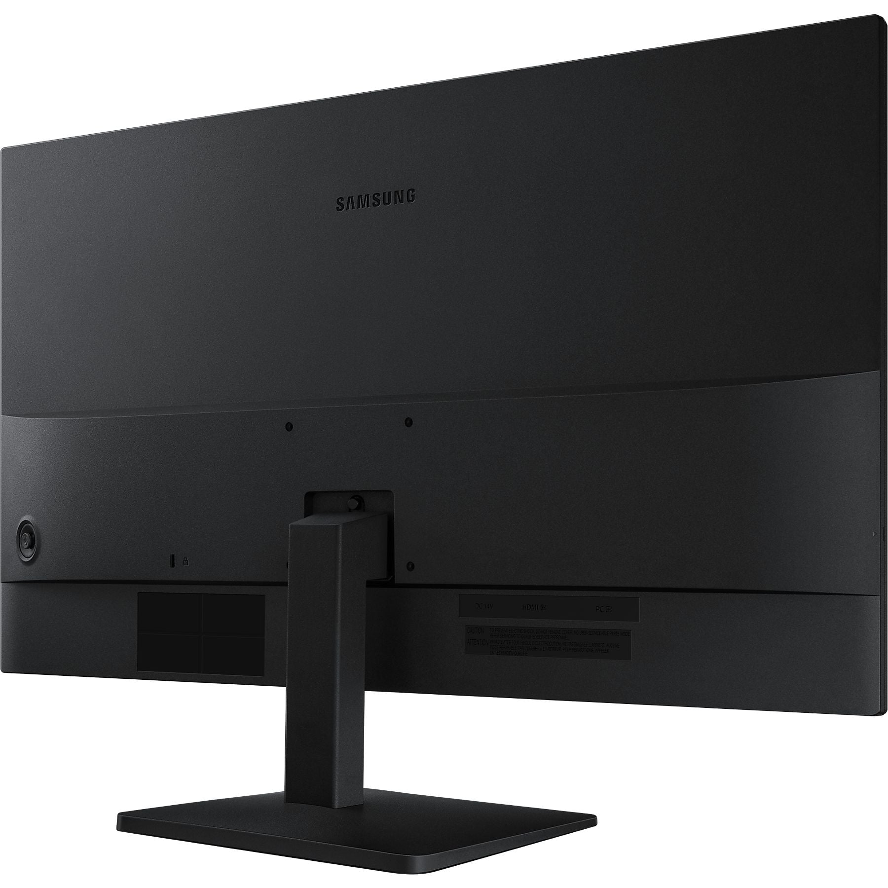 Bağlantı noktaları ve standı gösteren siyah Samsung monitörün arka görünümü.