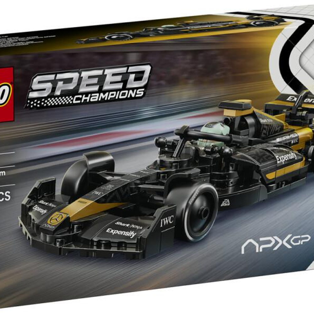Un'auto da corsa Lego Formula 1 nera e oro con logo "Speed Champions".