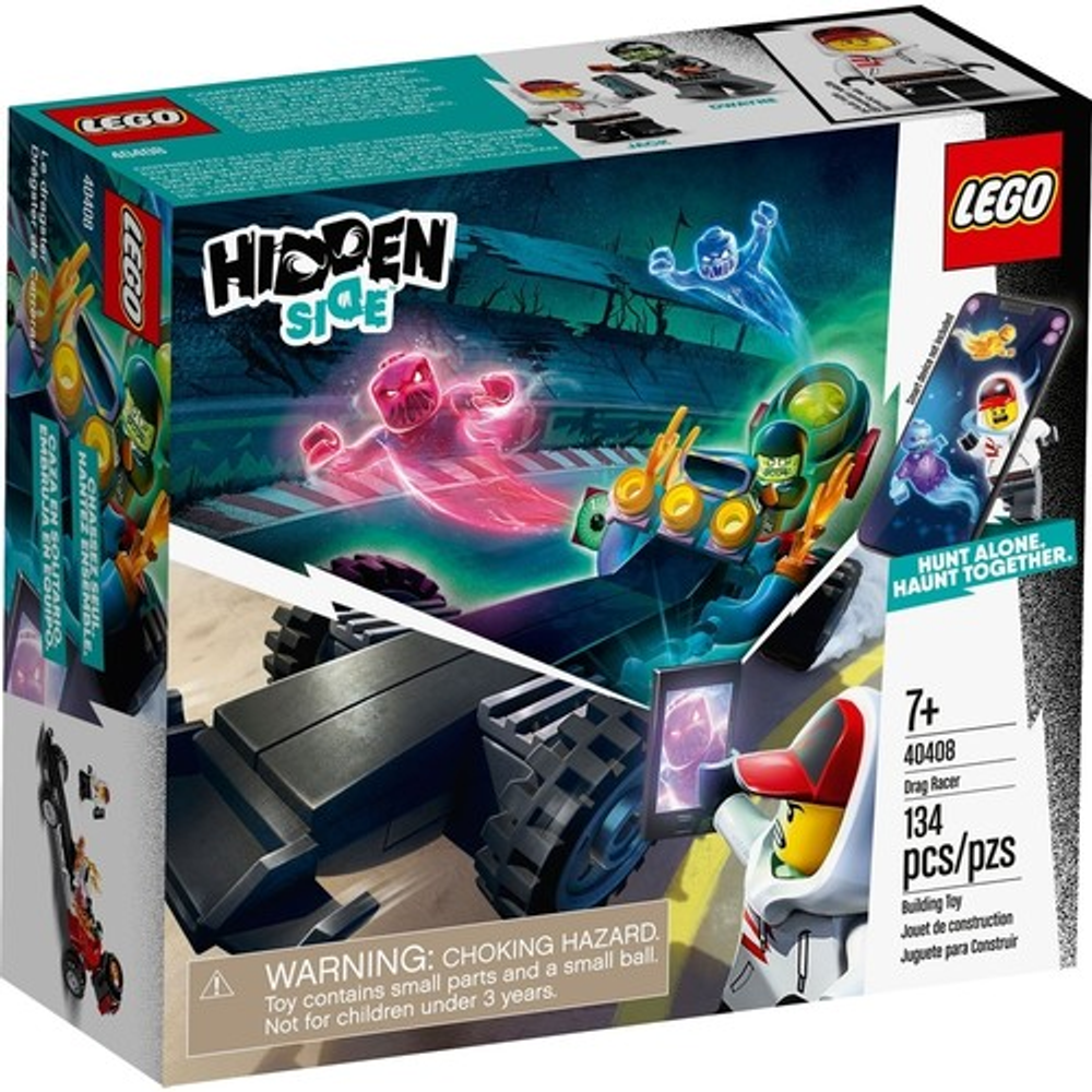 Hayaletler ve araba içeren Lego Hidden Side Drag Racer kutusu.