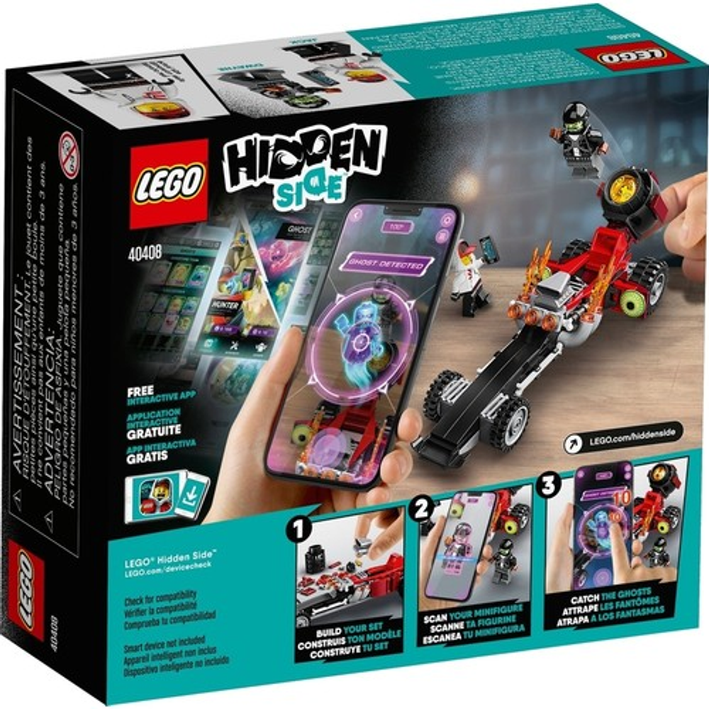 Araba, telefon ve figürleri gösteren Lego Hidden Side kutusu. Kurulum kılavuzu içerir.