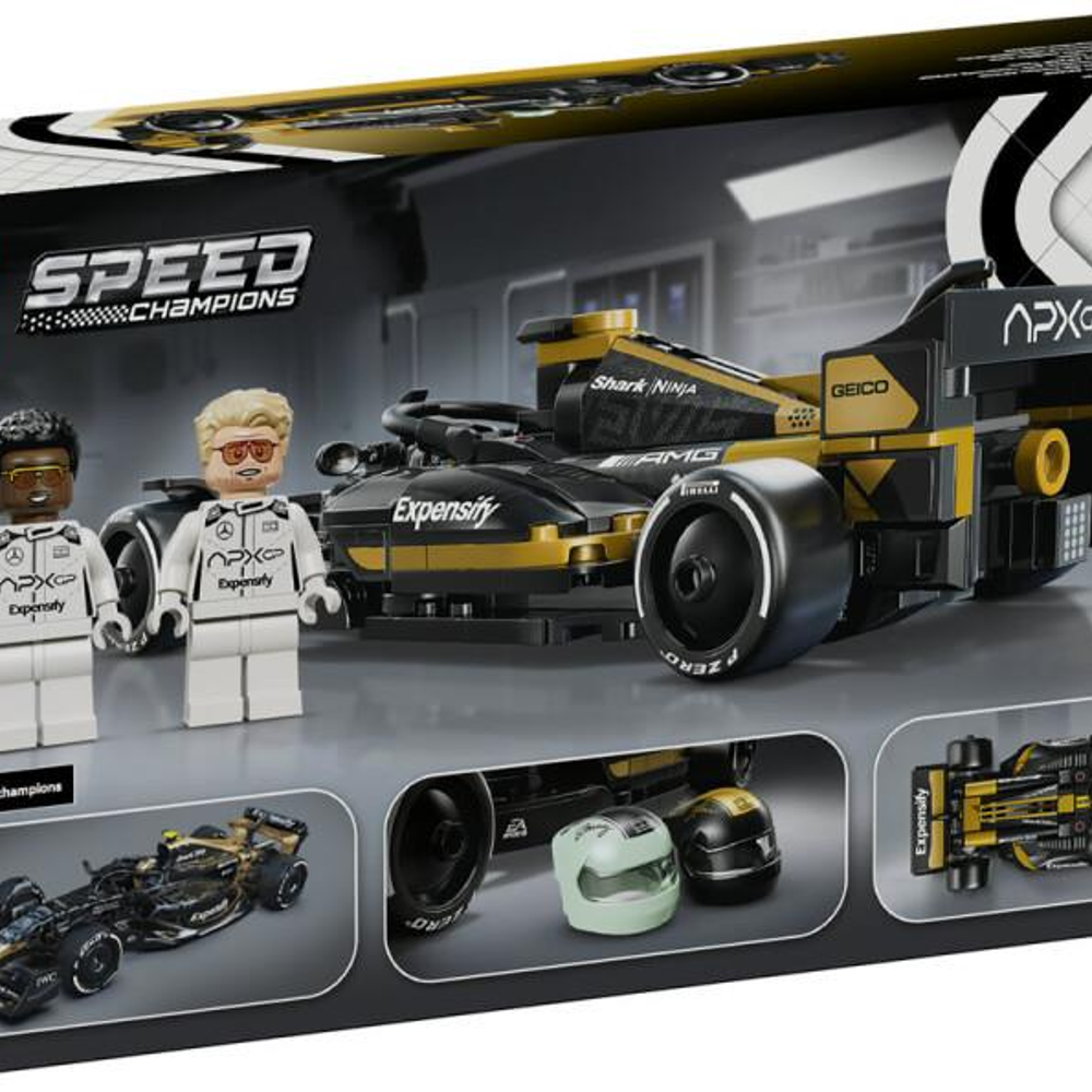 Auto di Formula 1 LEGO con due piloti e accessori sulla scatola.