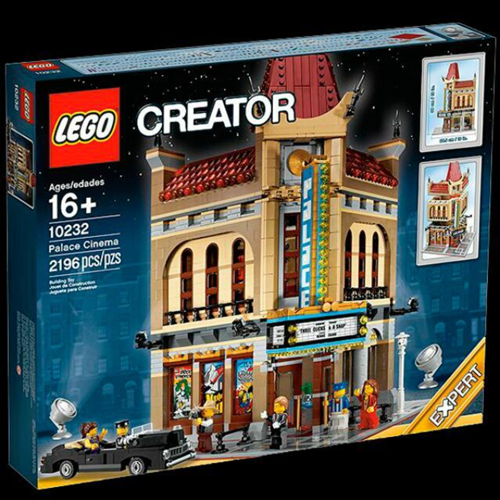 Ensemble Lego Creator Palace Cinema avec figurines et voiture devant le bâtiment.