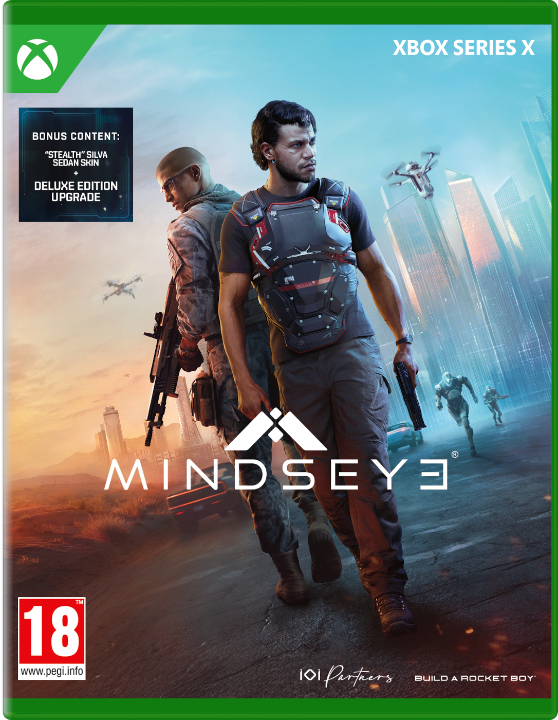 Due uomini davanti a uno skyline urbano con droni. Xbox Series X. Età 18.