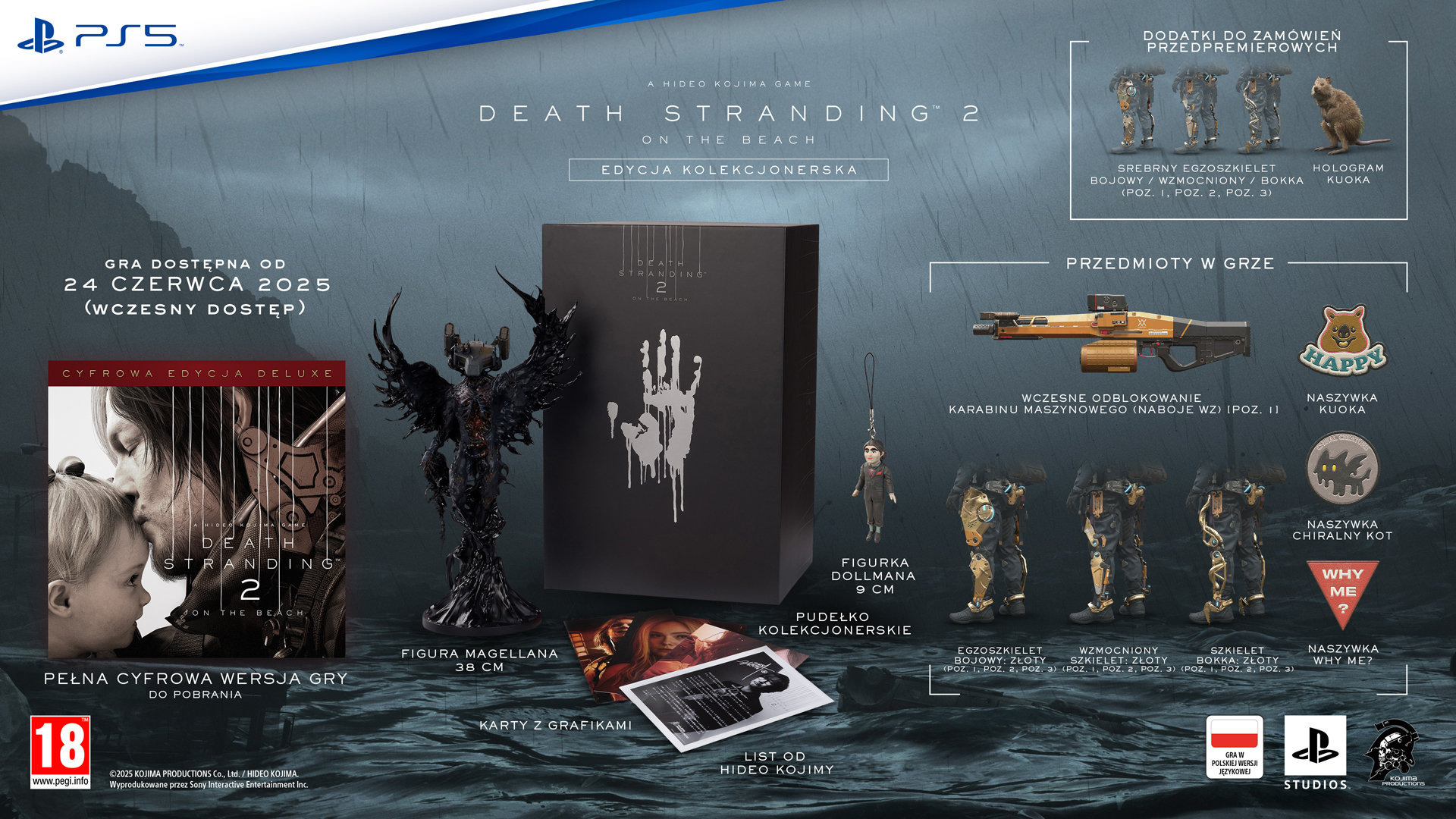 Kolekcjonerska edycja Death Stranding 2 z figurką, pudełkiem, bronią i strojami.