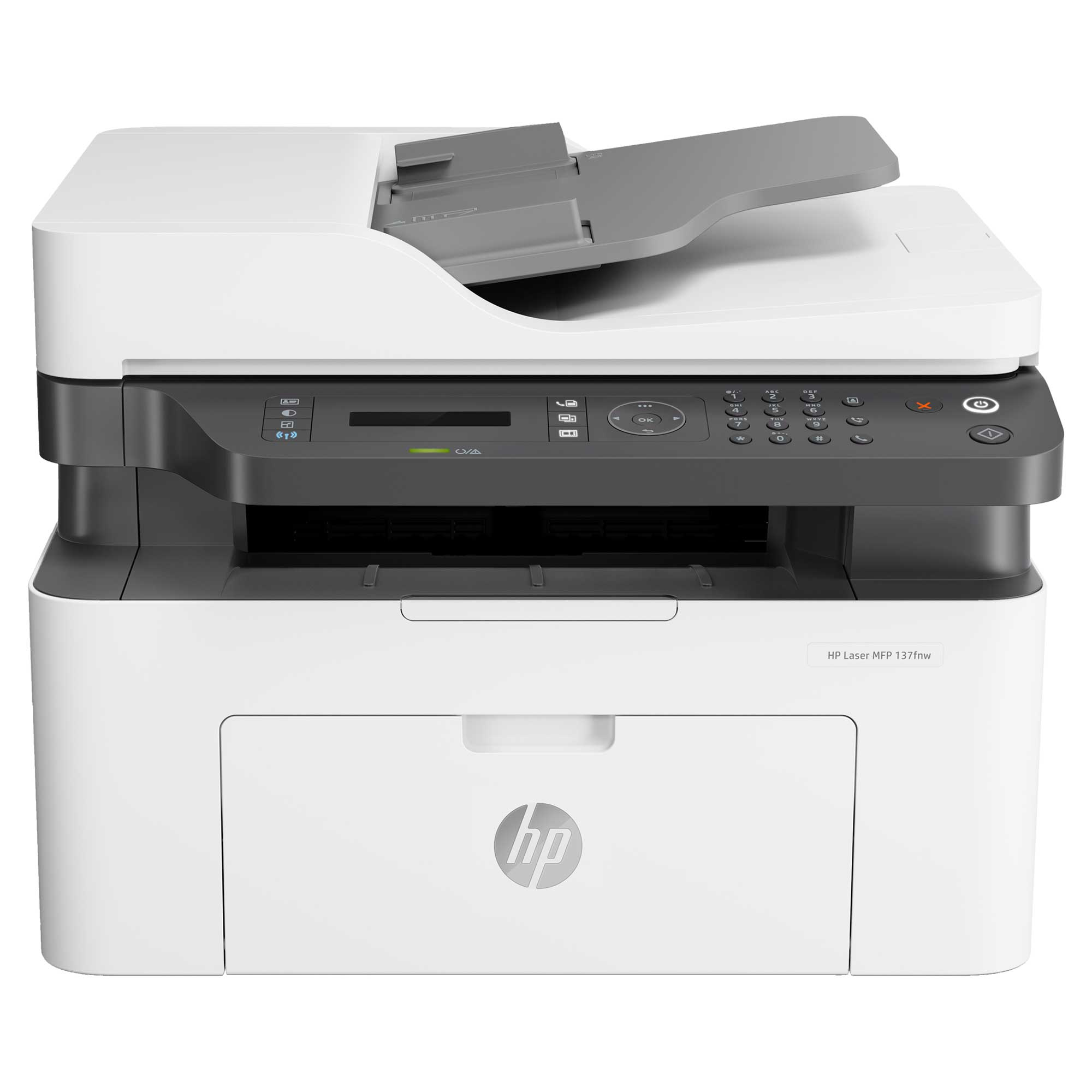 Beyaz bir HP lazer yazıcı, tarayıcı ve fotokopi makinesi beyaz arka planda.