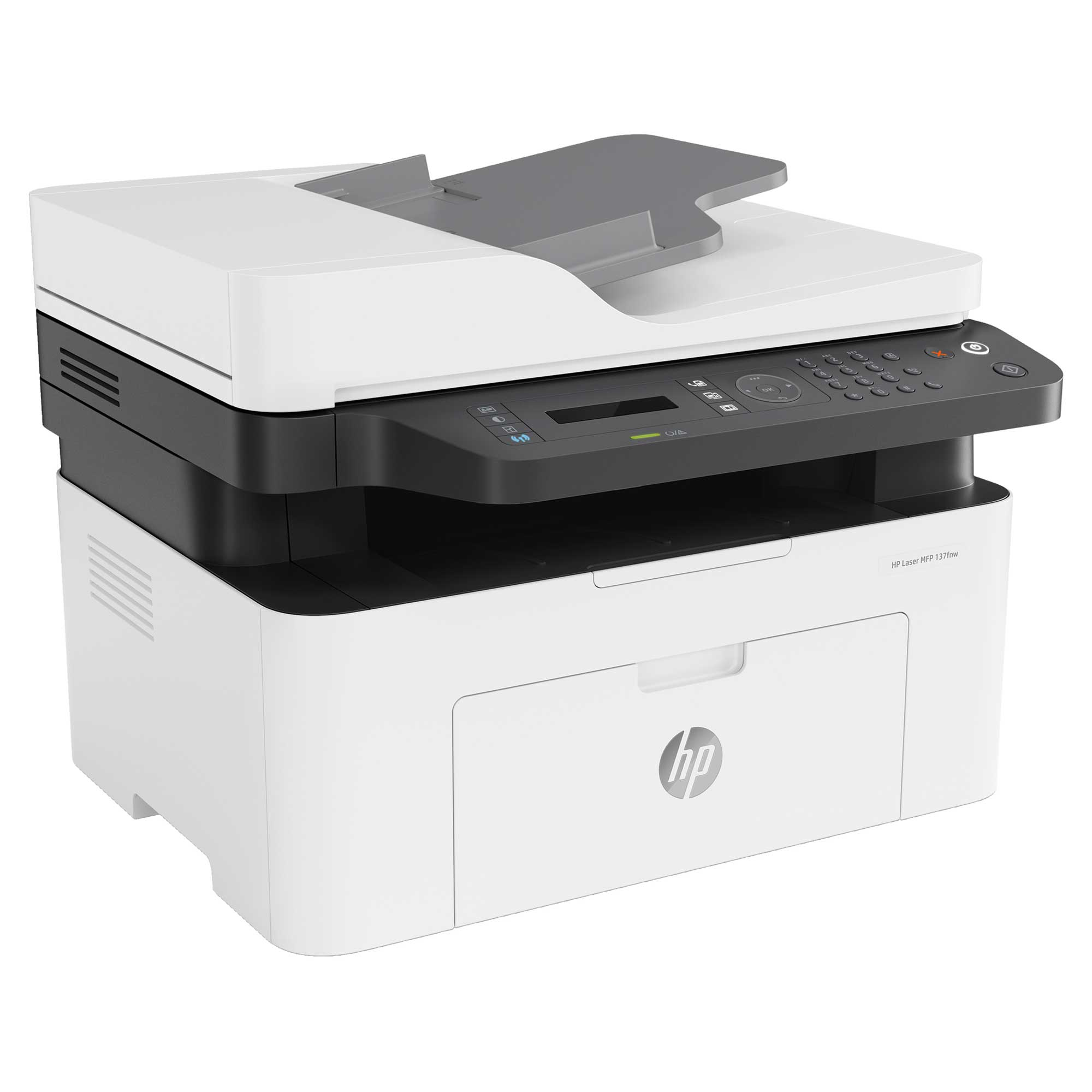 Siyah kontrol panelli ve gri tarayıcı kapağı olan beyaz bir HP lazer yazıcı.