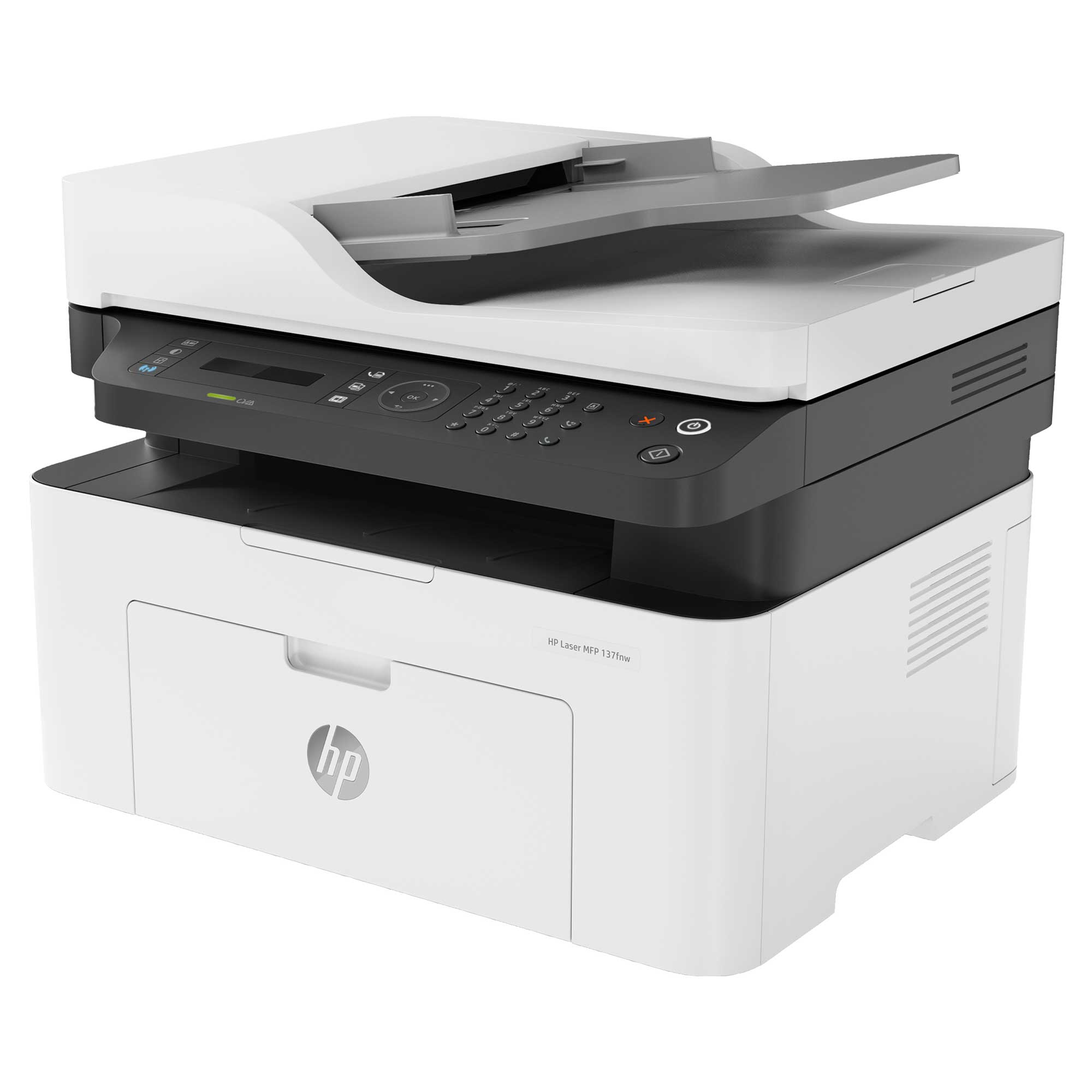 Siyah kontrol panelli ve kağıt tepsili beyaz HP Laser MFP 137fnw yazıcı.