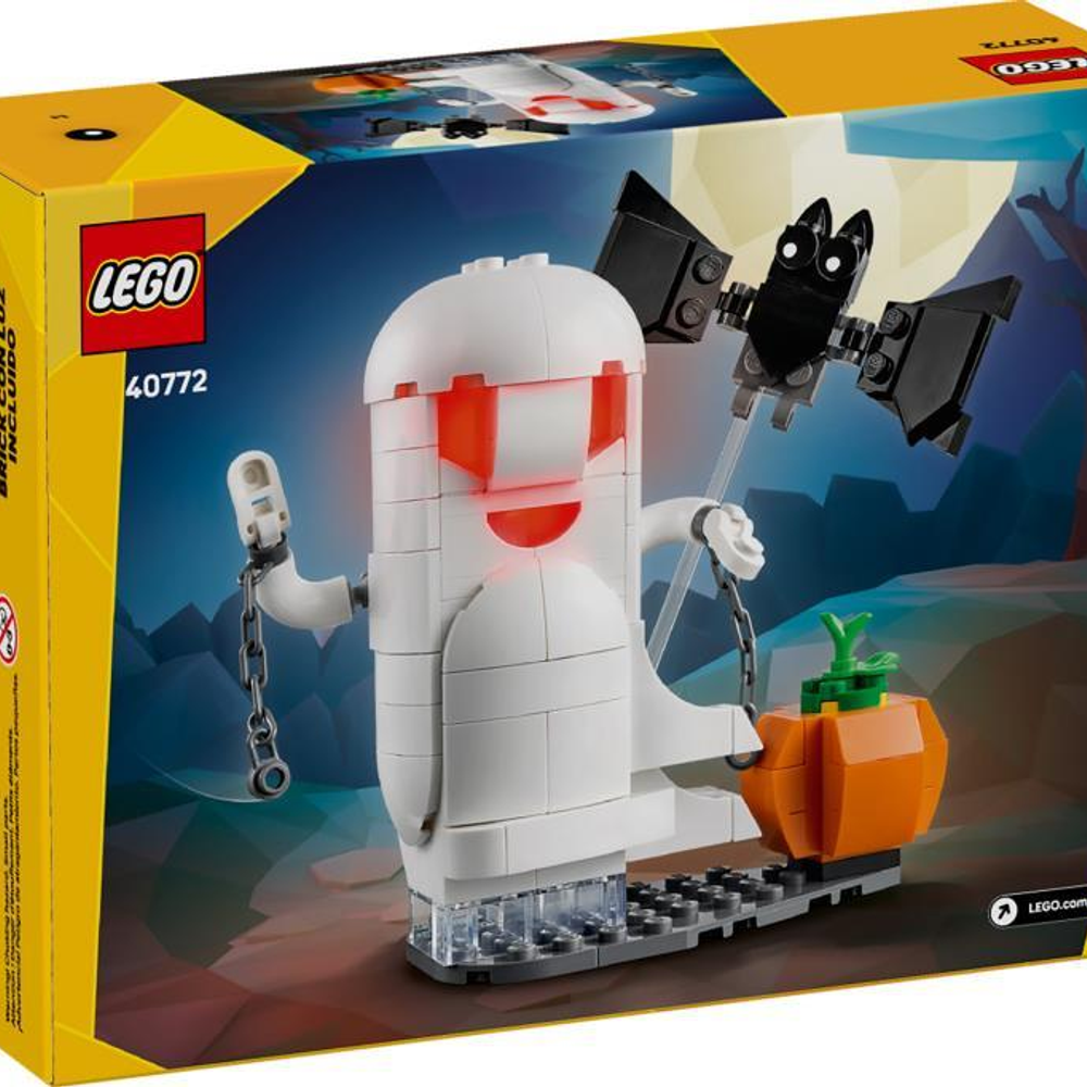 Fantasma Lego con zucca e pipistrello. Tema Halloween. Include logo Lego e numero set 40772.
