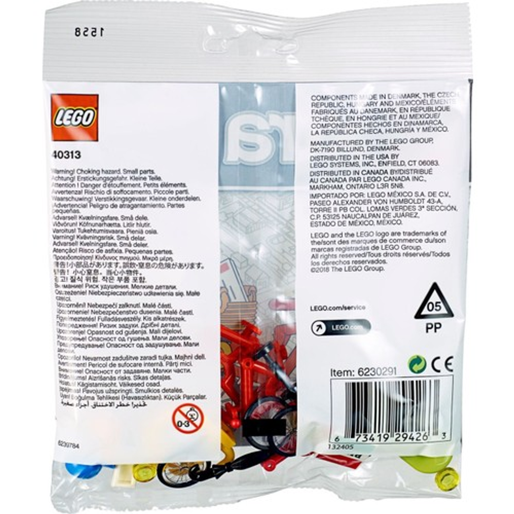 LEGO ambalajı uyarı etiketleri ve ürün bilgileri içerir.