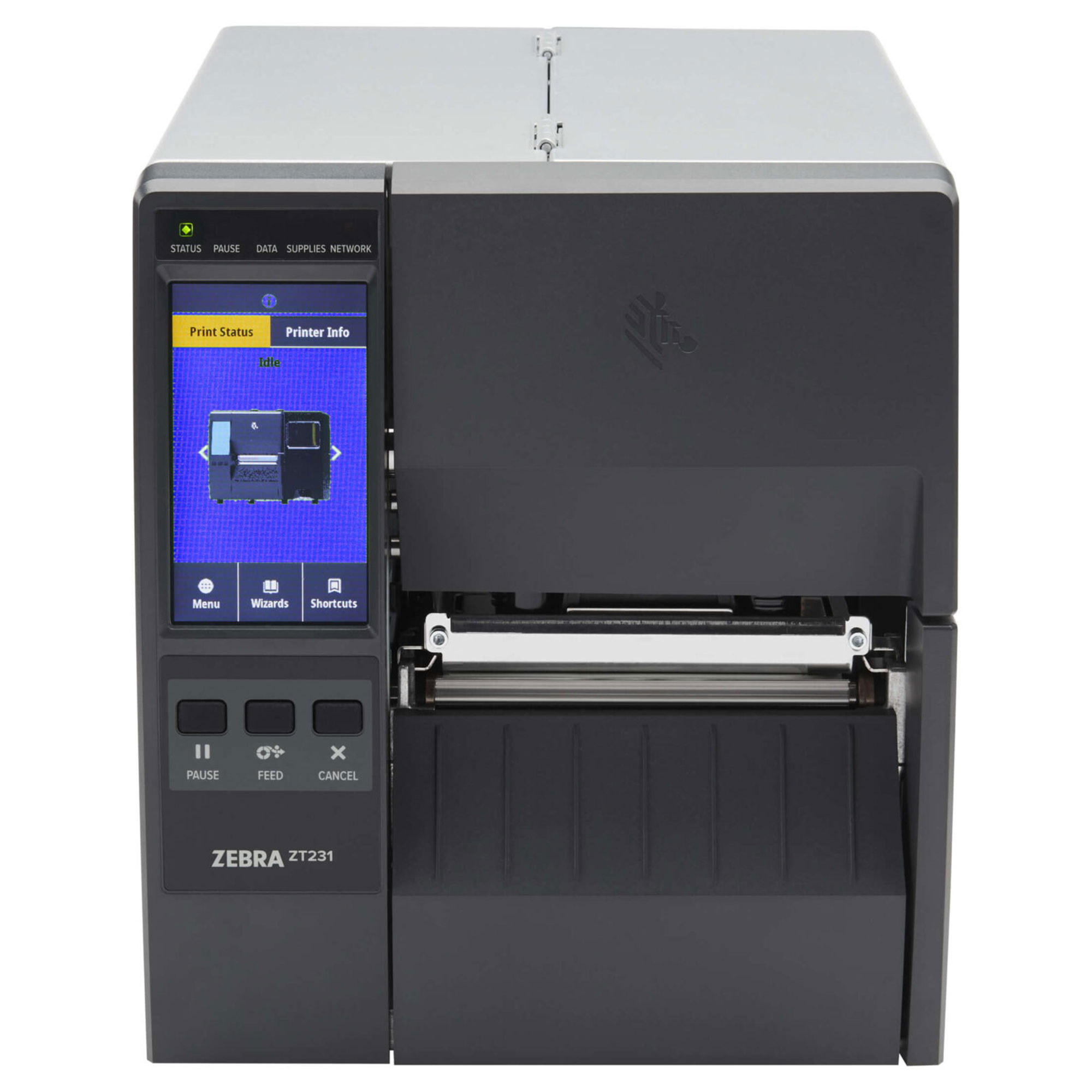Renkli ekranlı ve düğmeli bir Zebra ZT231 yazıcı.