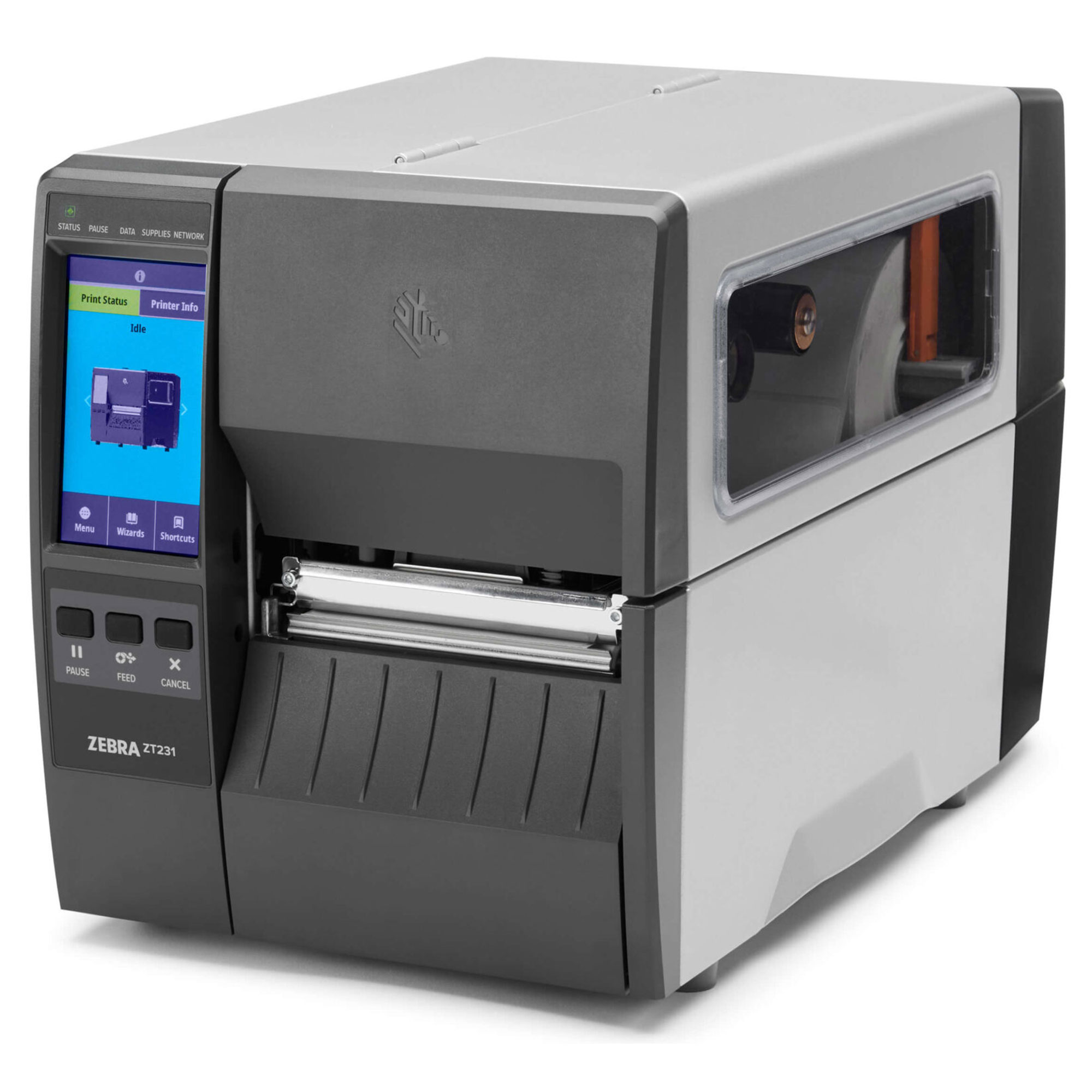 Renkli ekranlı ve kontrol düğmeli bir Zebra ZT231 yazıcı.