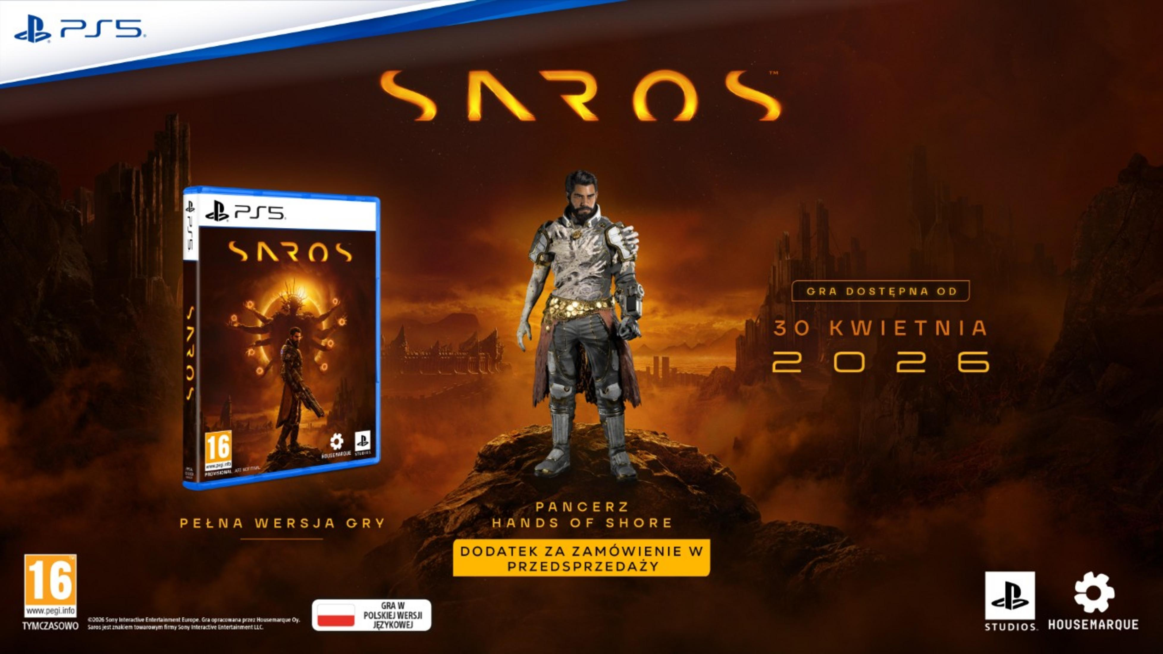 Copertina del gioco PS5 Saros con un guerriero su uno sfondo drammatico.