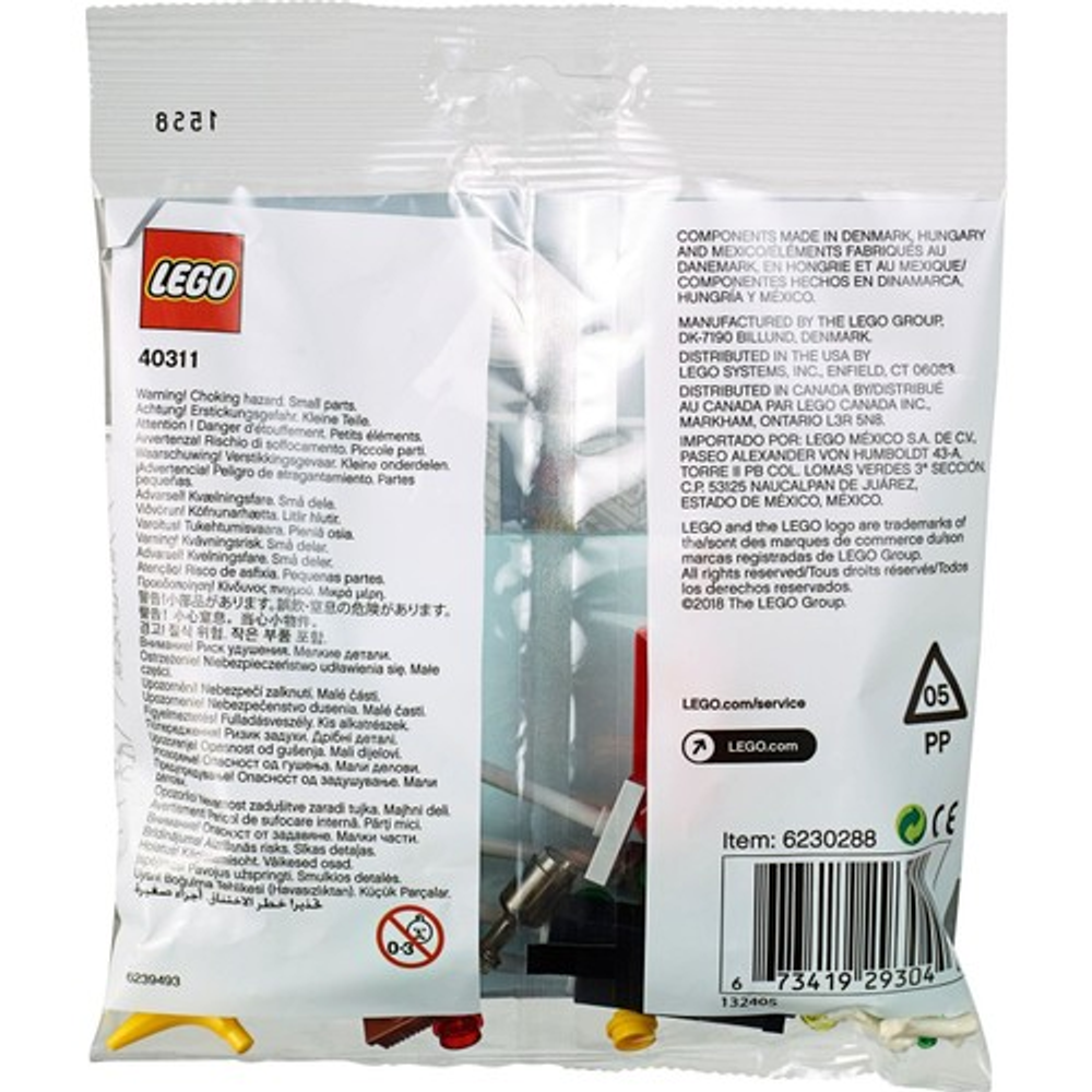 Uyarılar ve ürün bilgileri içeren LEGO torbası. Küçük parçalar içerir.