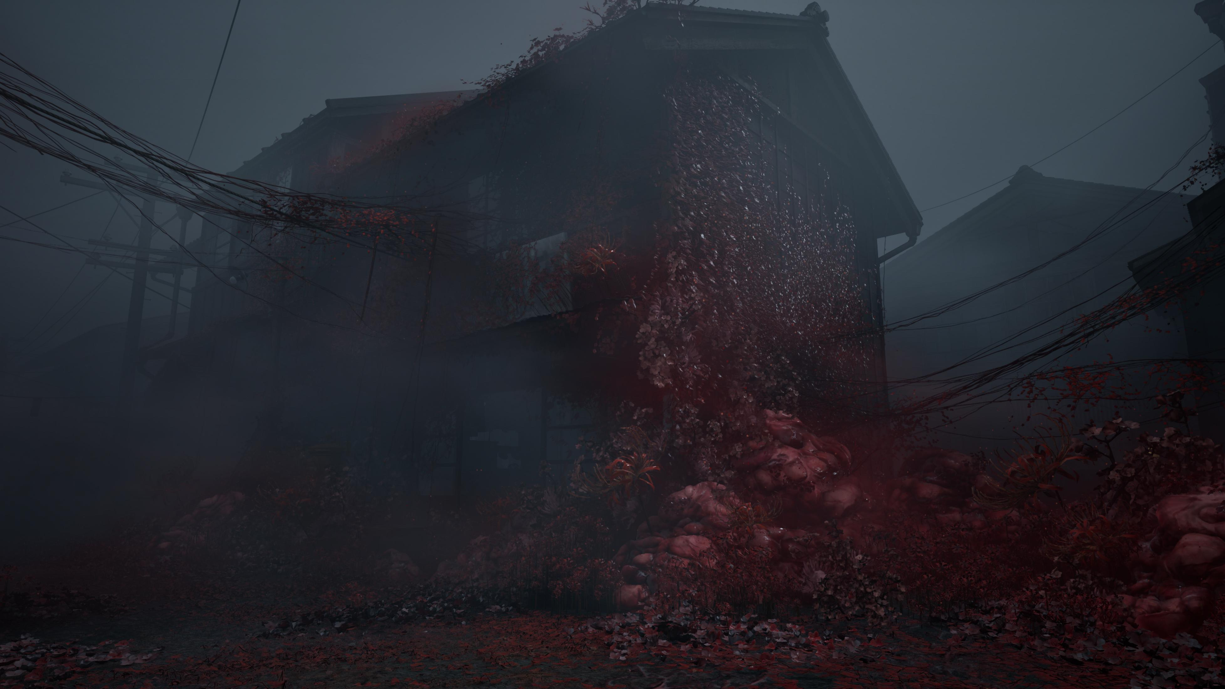 Casa abbandonata ricoperta da piante rosse, avvolta da nebbia e fili.