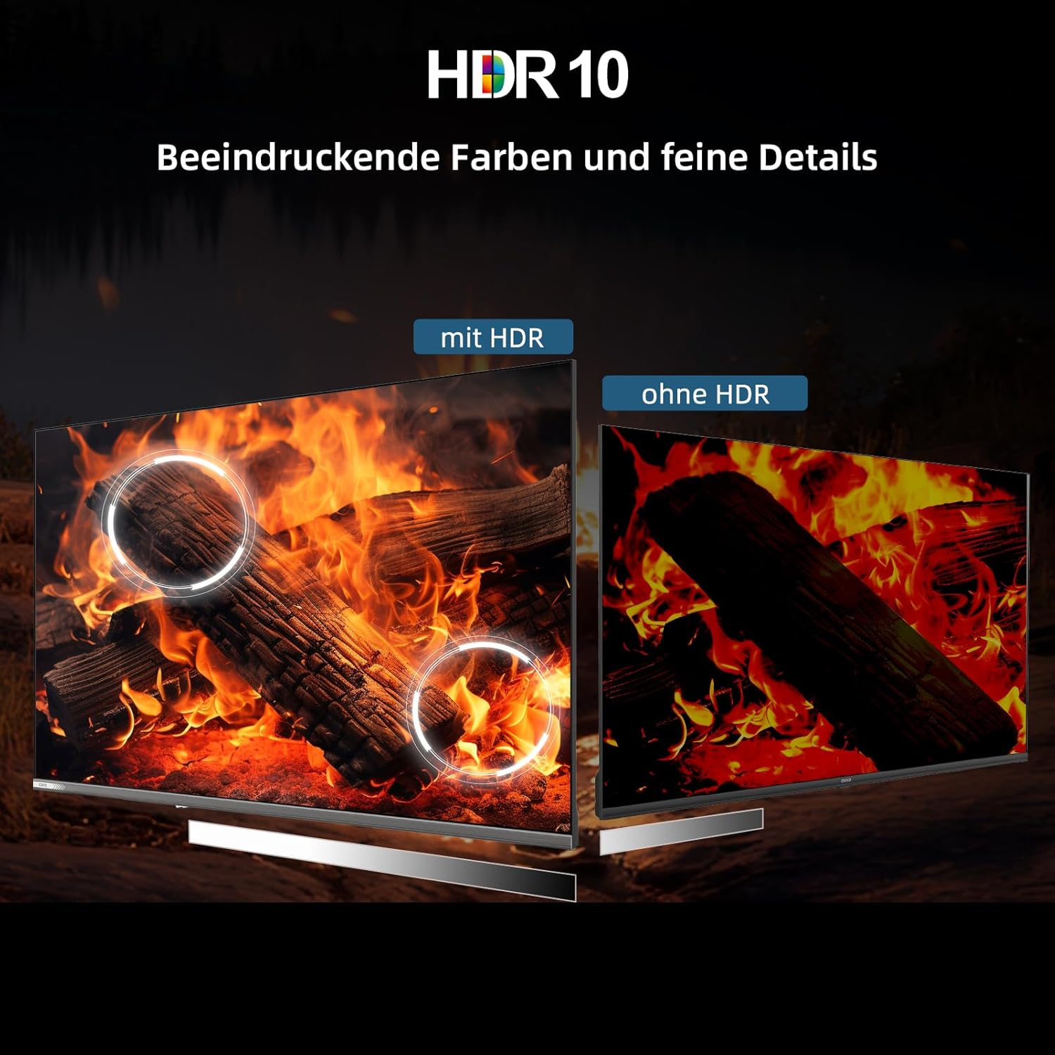 Dwa telewizory pokazują ogień. Jeden z HDR, szczegółowy. Jeden bez.