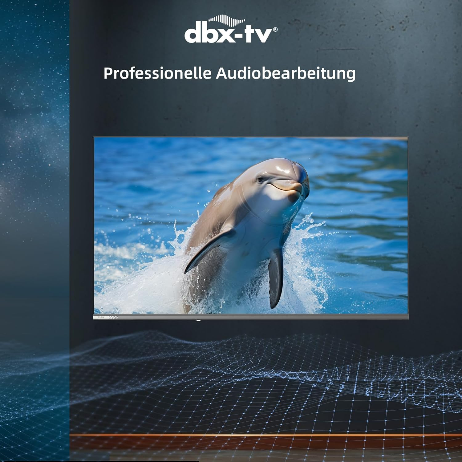 Delfin wyskakuje z wody, pryska. Telewizor wyświetla obraz.