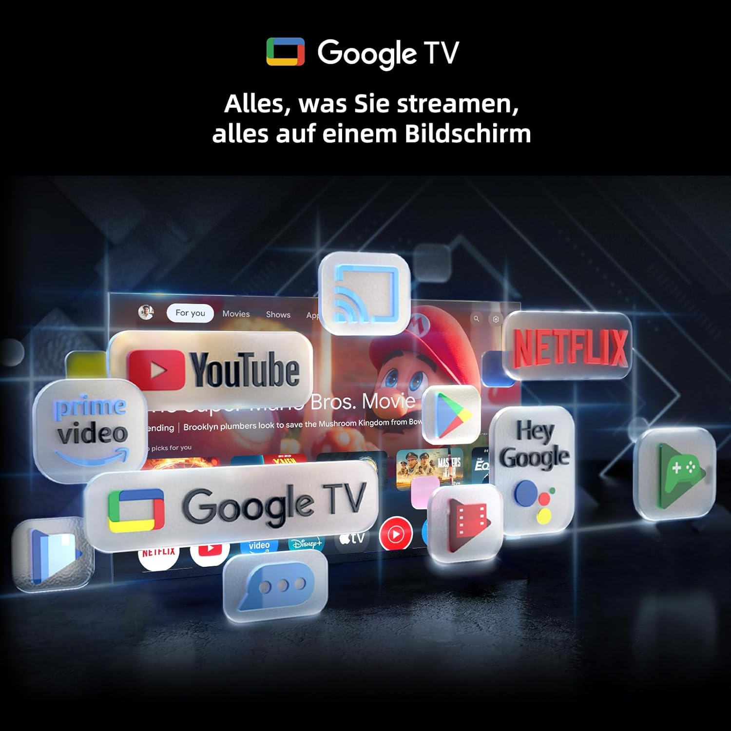 Google TV z ikonami aplikacji: YouTube, Netflix, Prime Video, Google.