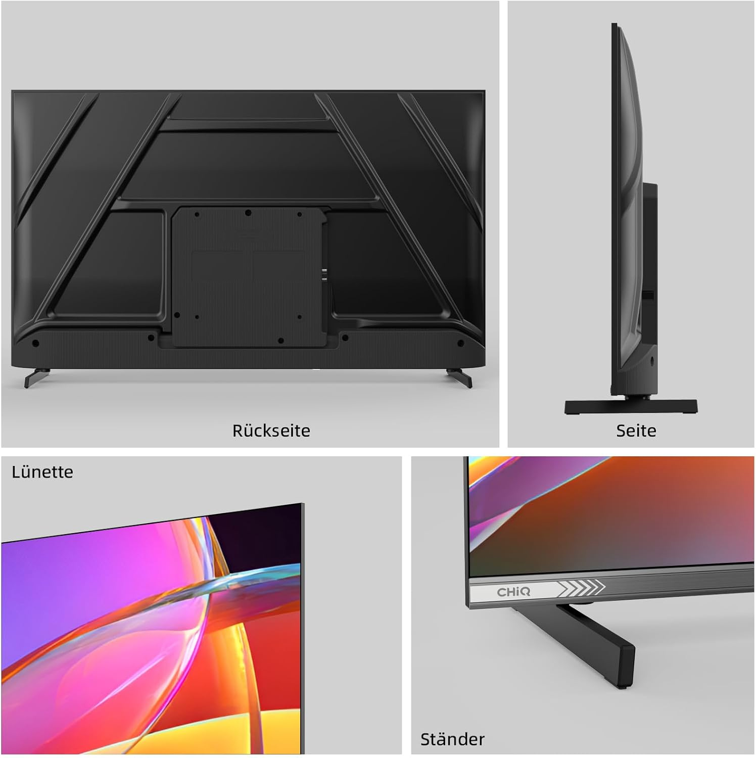 Czarny tył telewizora, widok z boku, szczegół ekranu i podstawka.