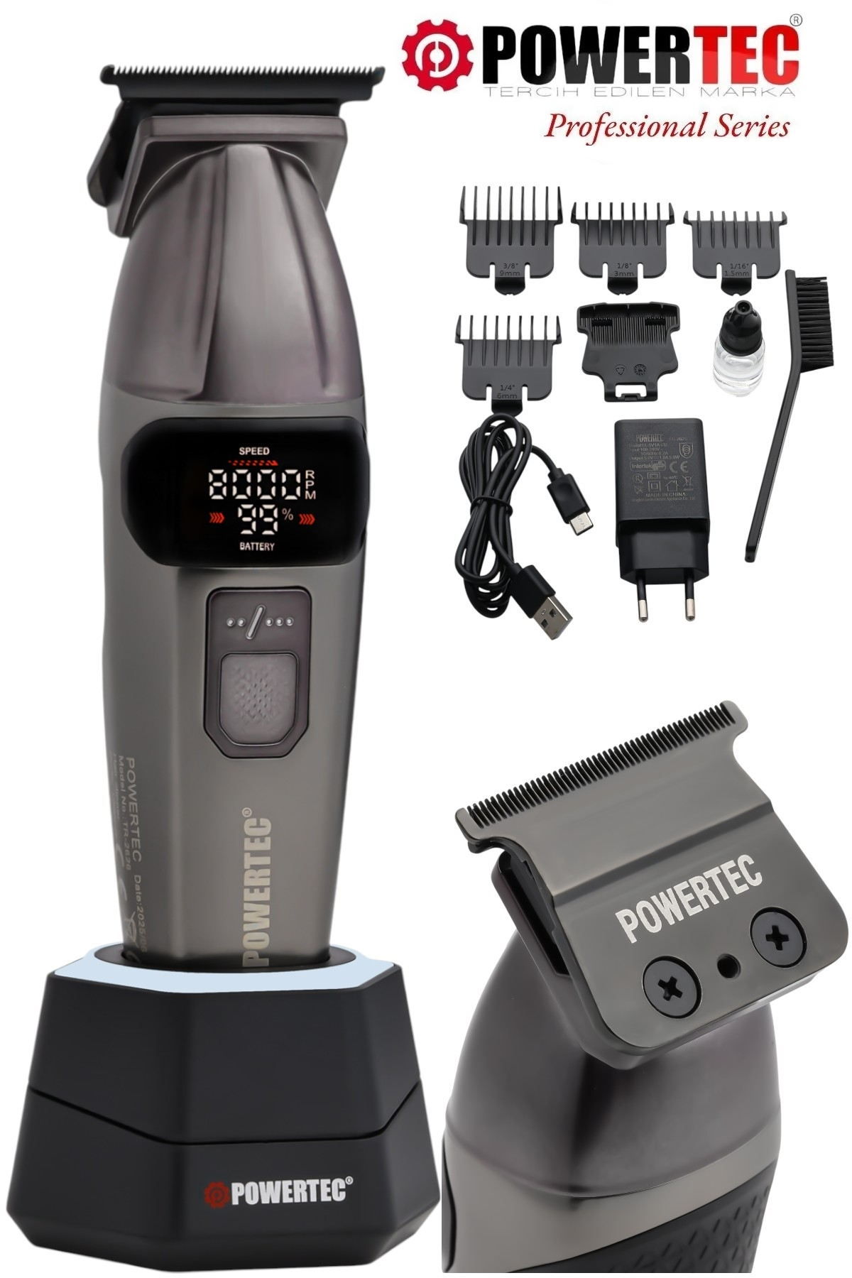 Powertec tıraş makinesi şarj standı, aparatlar, kablo, adaptör ve fırça ile.