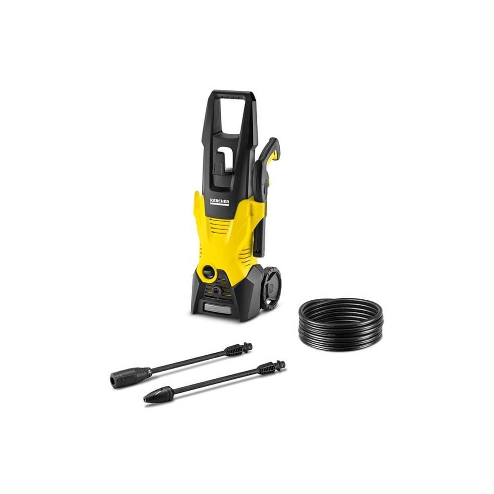 Idropulitrice Karcher gialla e nera con tubo e lance spray su sfondo bianco.