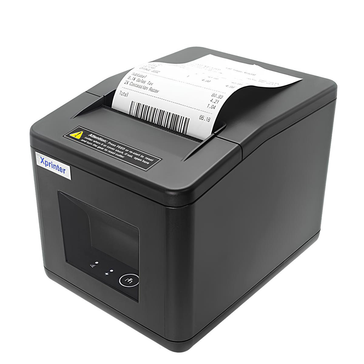 Basılı bir fişin çıktığı siyah bir Xprinter fiş yazıcısı.