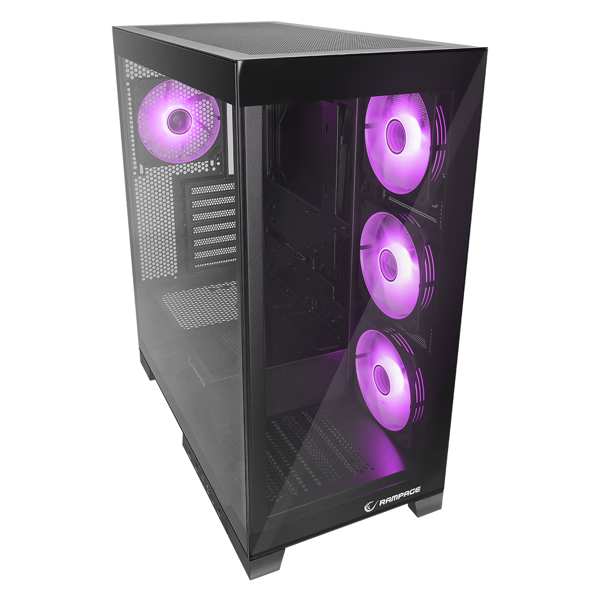 Cam ön ve mor aydınlatmalı fanlara sahip siyah PC kasası.