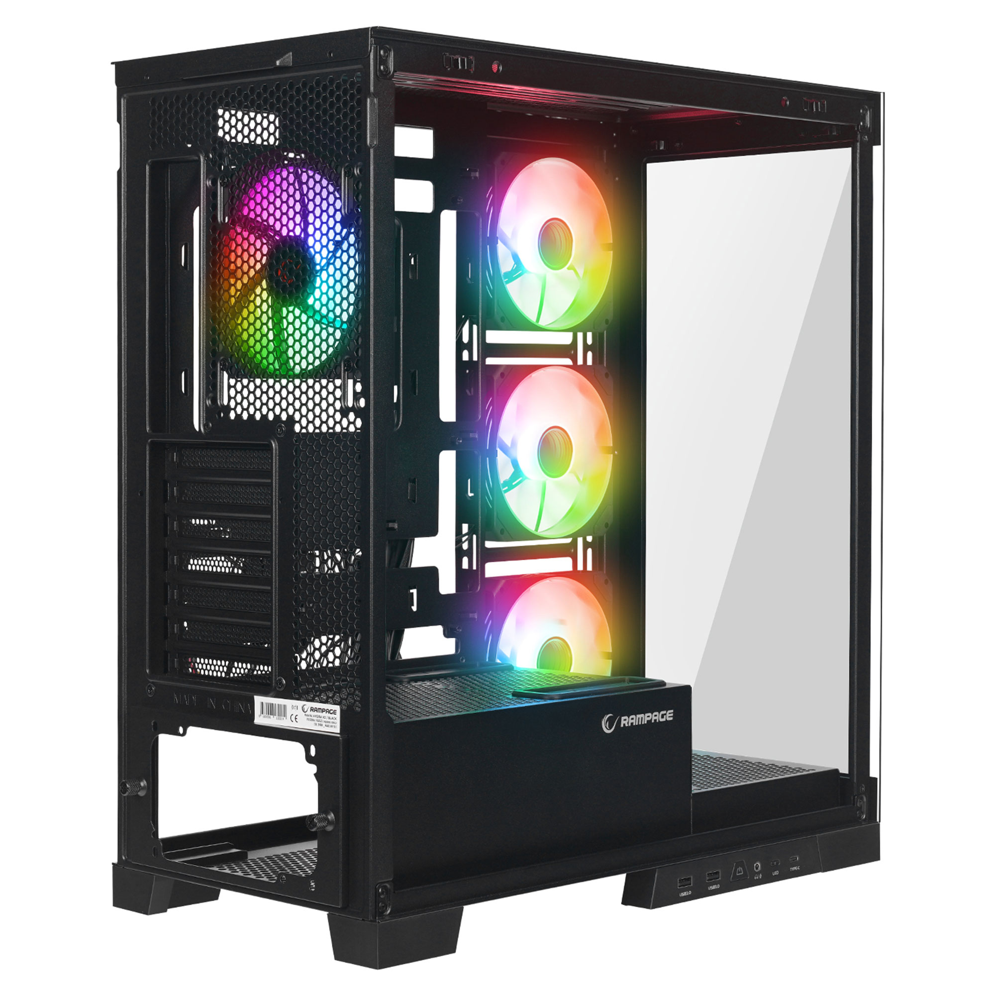 Cam önlü, RGB fanlı ve portlu siyah PC kasası.