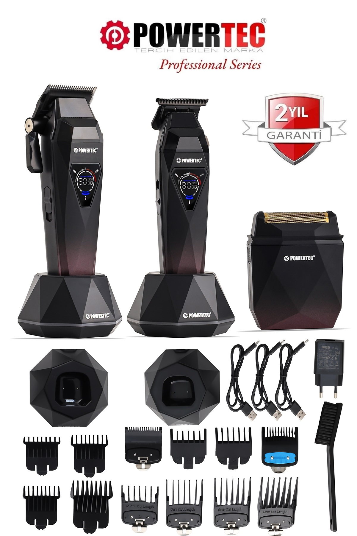 POWERTEC TR-5800 Saç-Sakal-Ense Günlük 3'lü Set Tıraş Makinesi Siyah