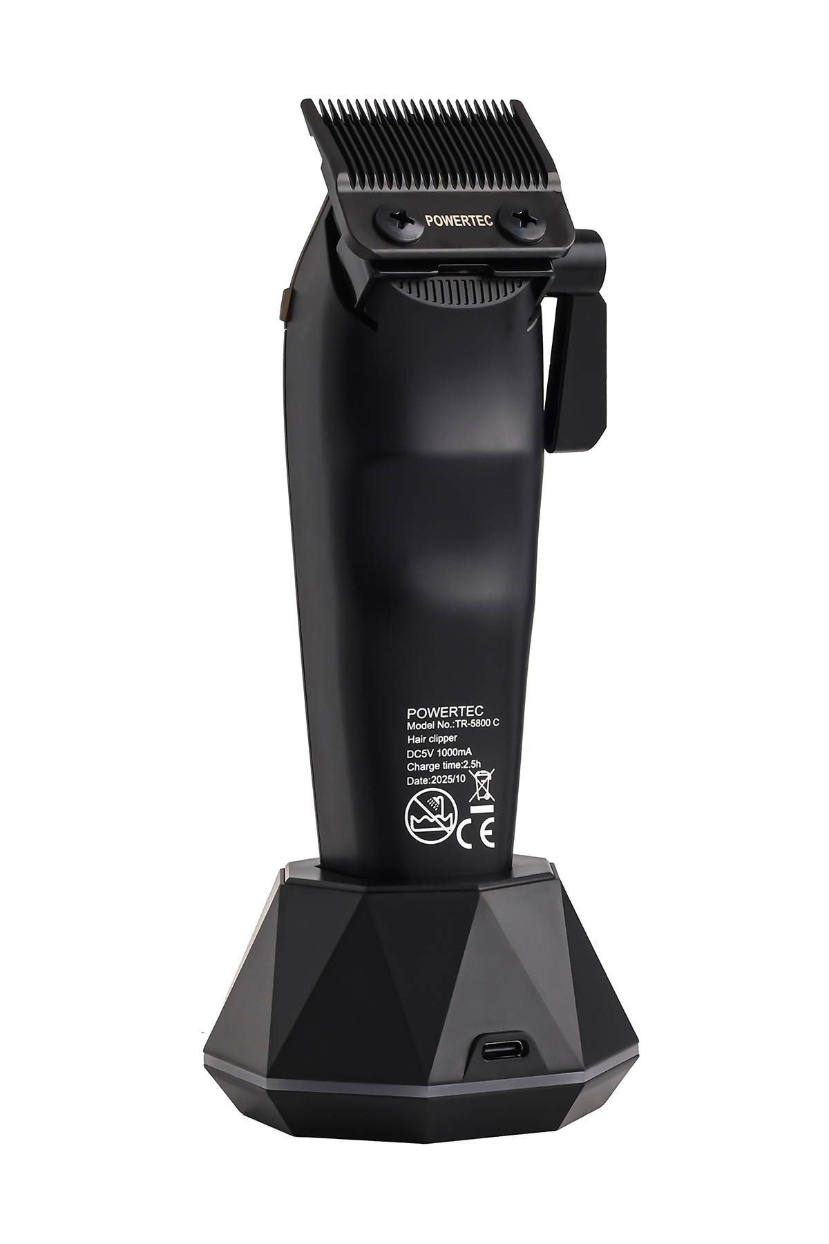 Siyah POWERTEC TR-5800 C saç kesme makinesi siyah şarj standında.