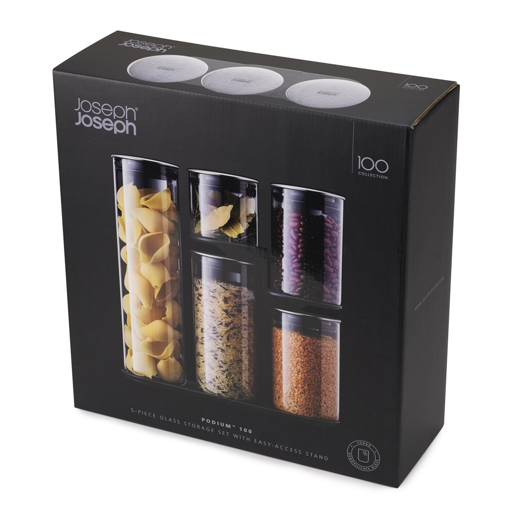 Scatola di un set Joseph Joseph da 5 contenitori in vetro con supporto.