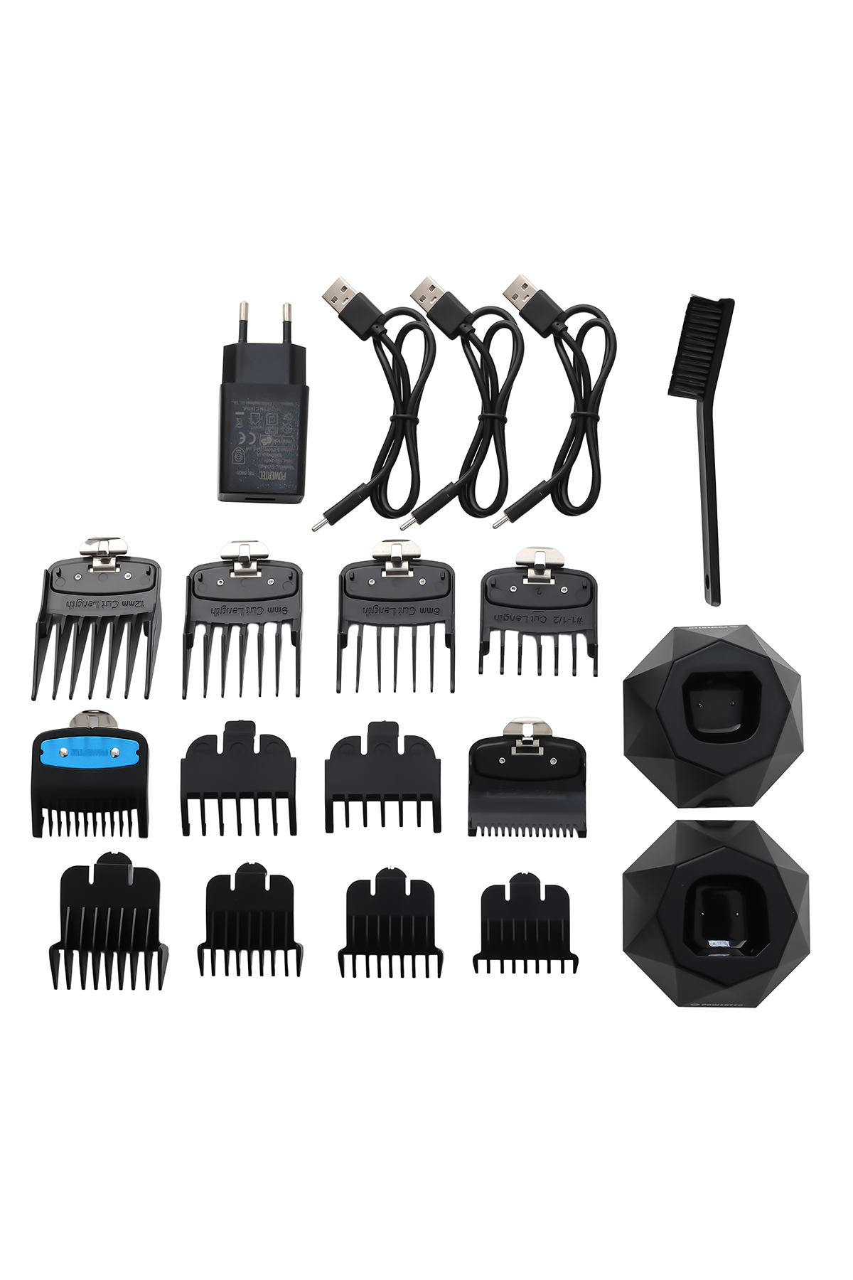 Güç adaptörü, üç USB kablosu, fırça, çeşitli aparatlar ve şarj istasyonları.