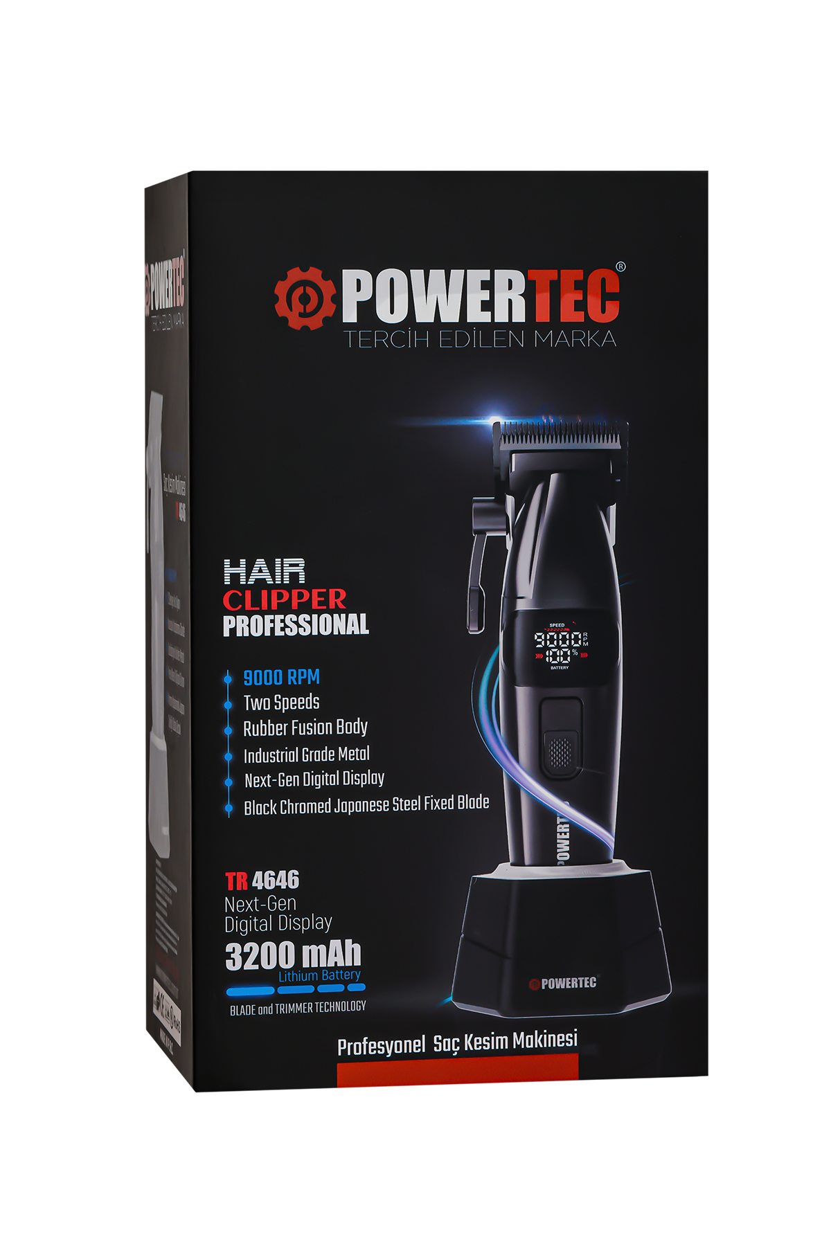 Şarj istasyonunda dijital ekranlı siyah POWERTEC saç kesme makinesi.