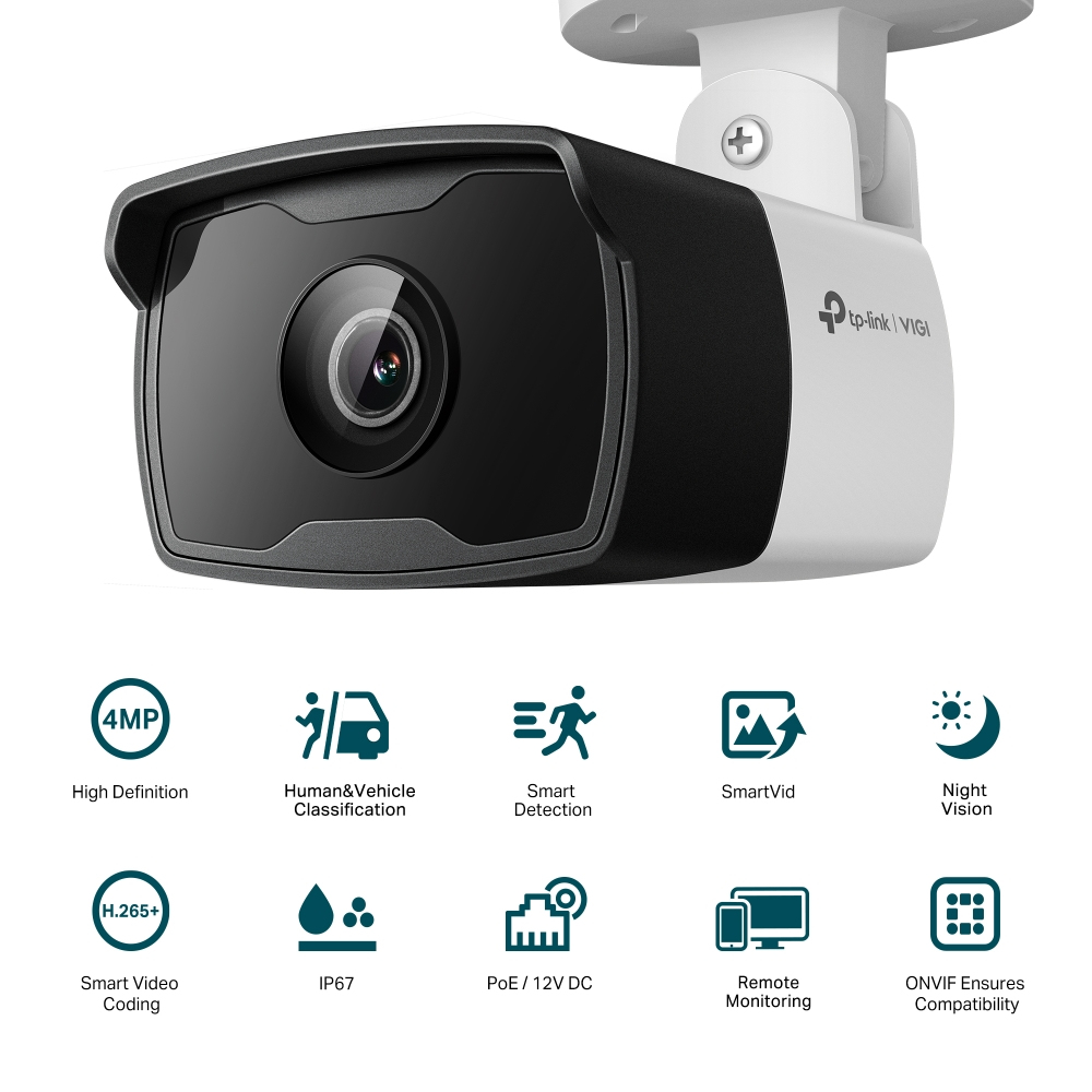 TP-Link VIGI camera with 4MP, H.265+, Human/Vehicle Classification, Smart Detection, Night Vision.