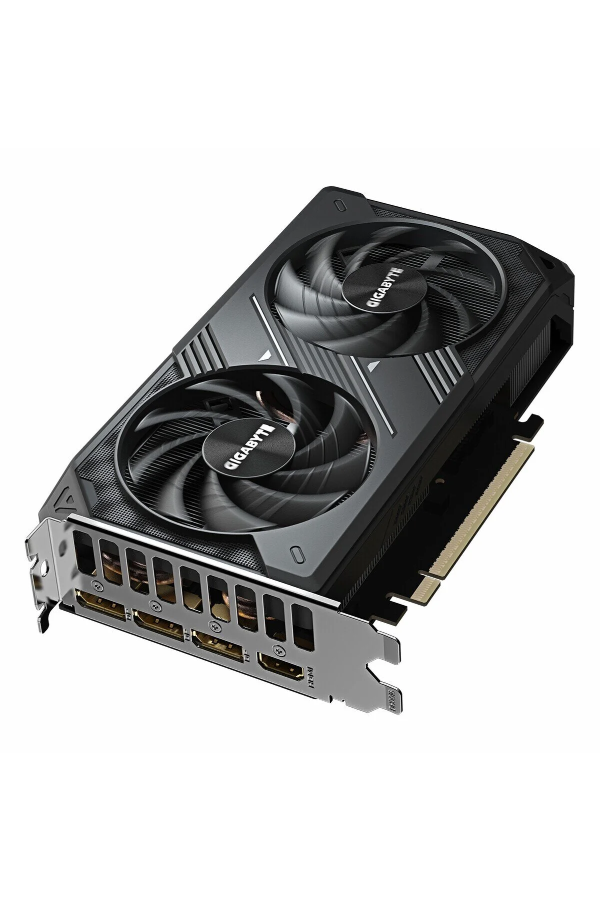 Gigabyte logolu, iki fanlı siyah ekran kartı, gümüş bağlantı paneli.