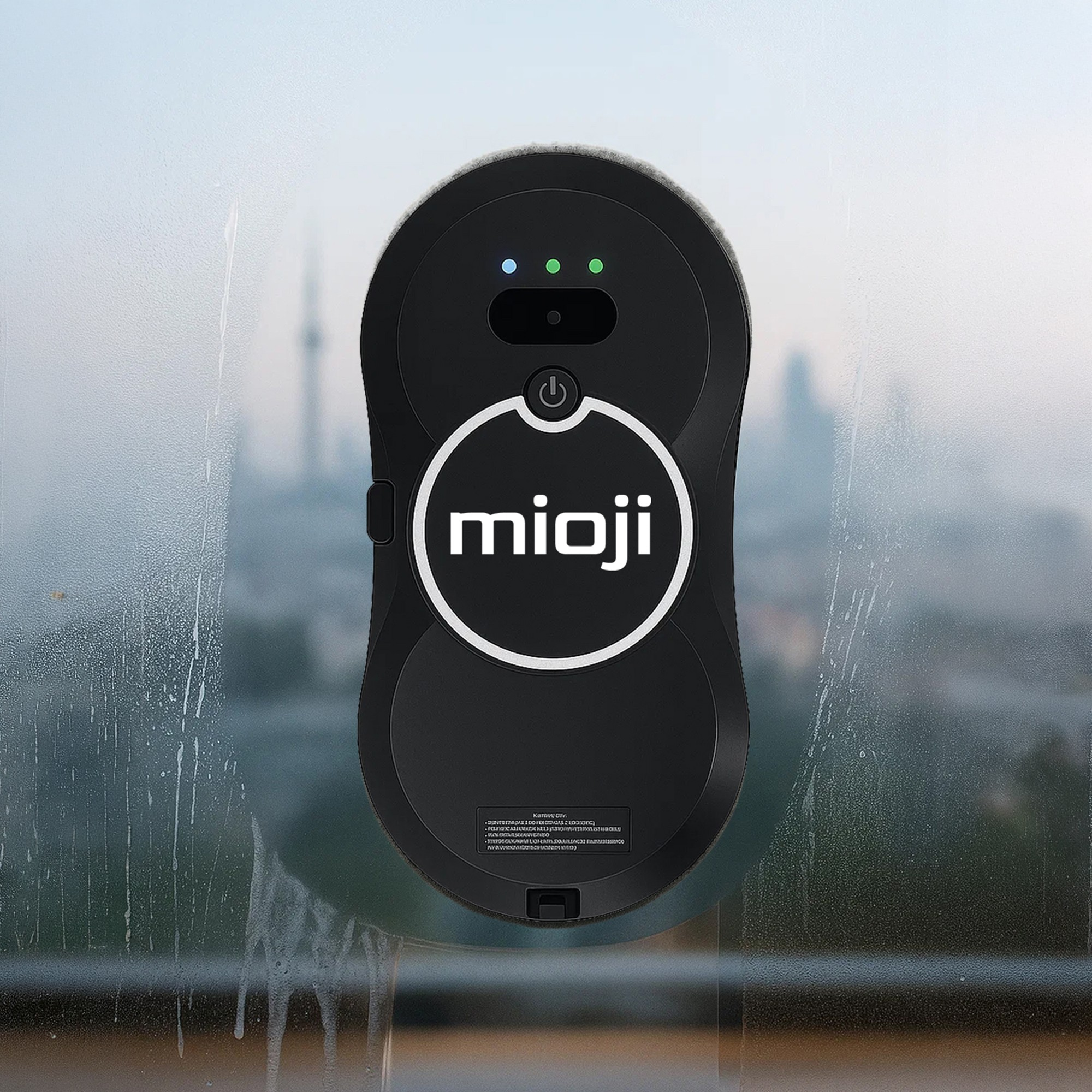 'mioji' logolu siyah pencere temizleme robotu kirli bir cama yapışmış.