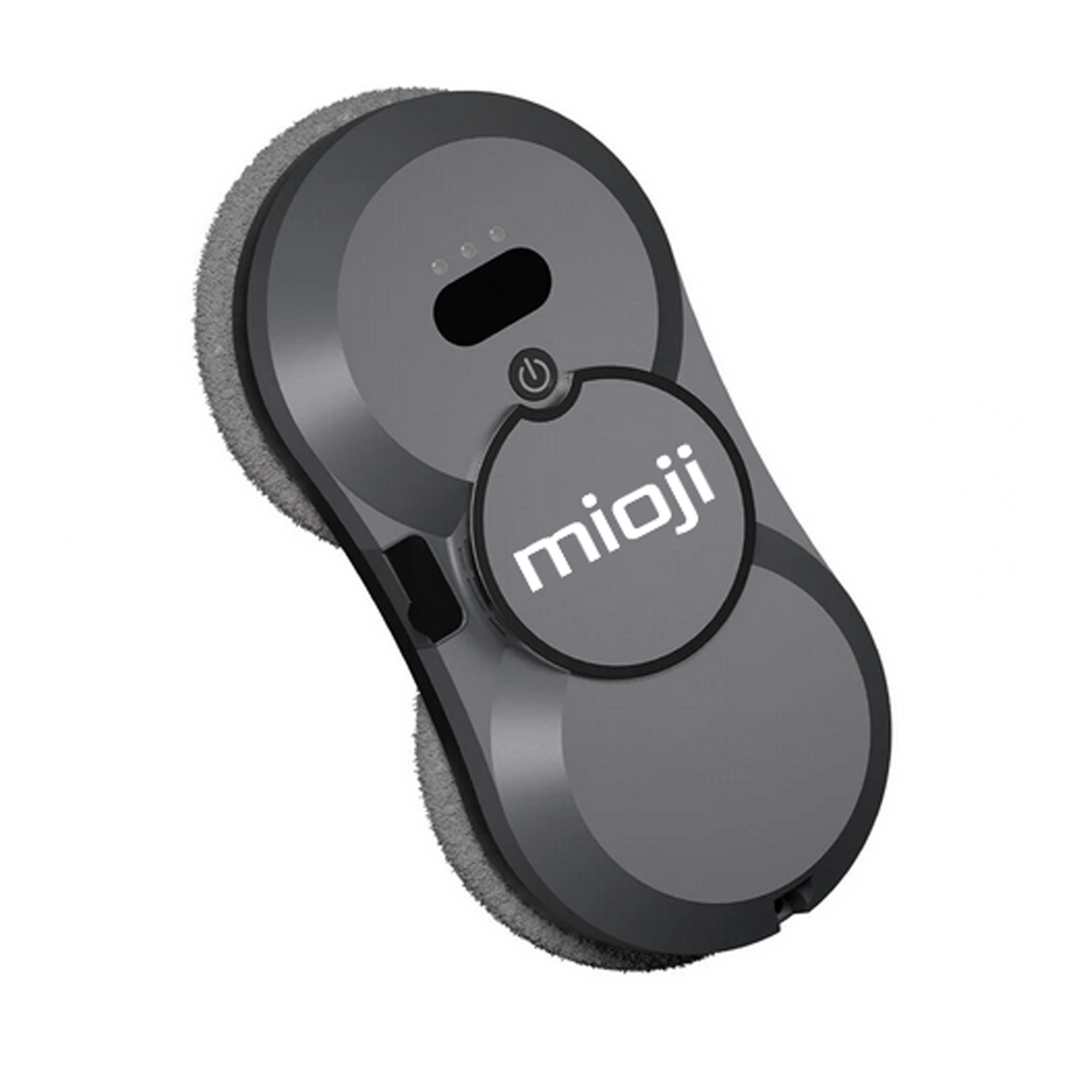 Yuvarlak temizleme pedi ve "mioji" logosuna sahip gri robot pencere temizleyici.