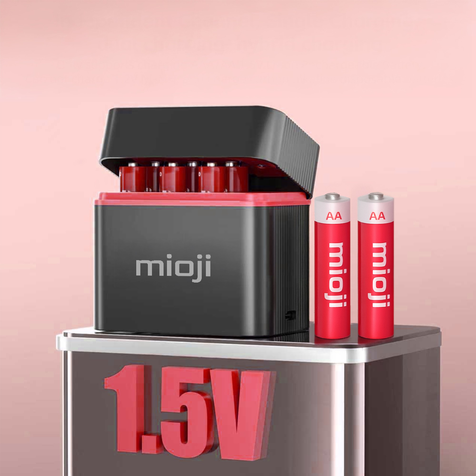Kırmızı AA pilli, "mioji" logolu siyah şarj cihazı.