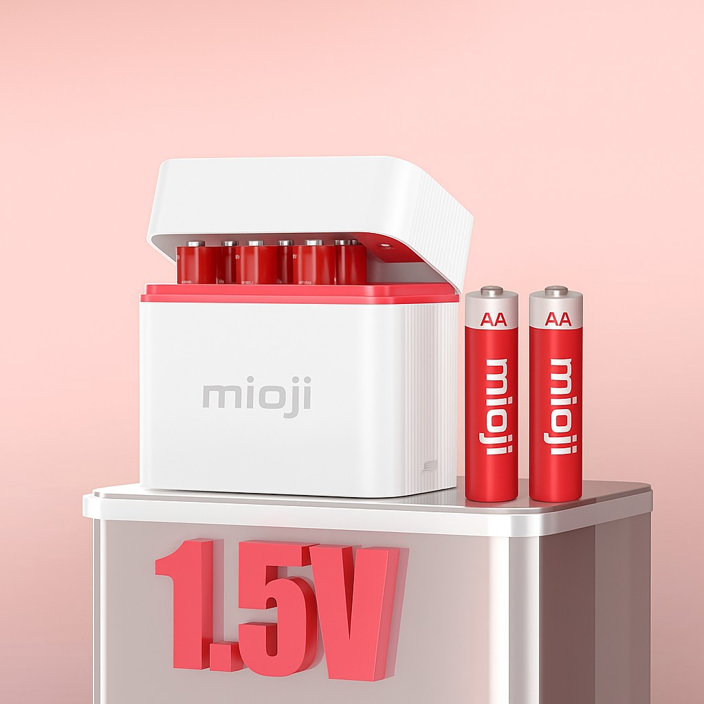 Mioji pil şarj cihazı, kırmızı AA piller ve pembe arka planda 1,5V ekran.