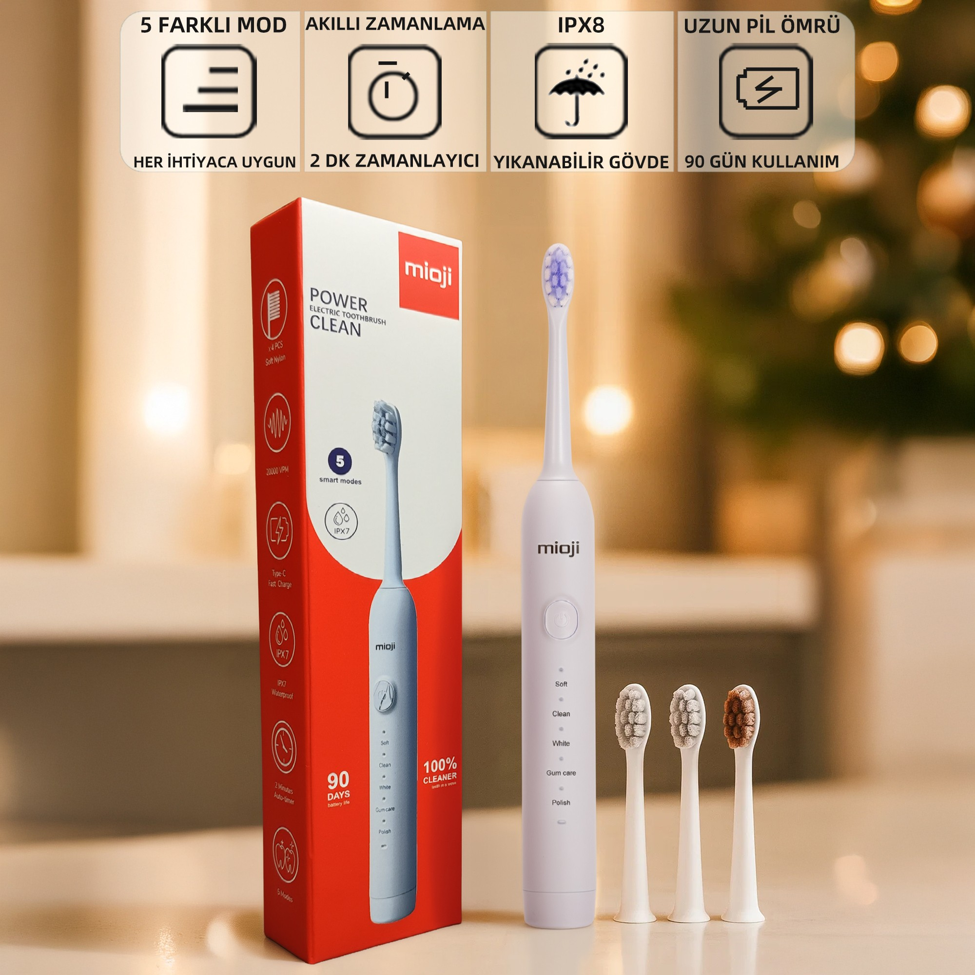 5 modlu ve 4 fırça başlıklı beyaz Miaoji elektrikli diş fırçası seti.