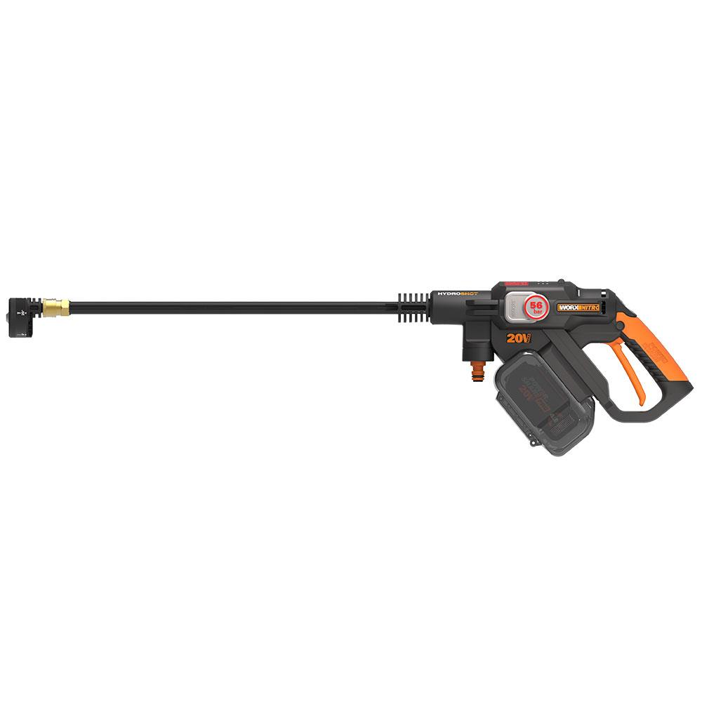 Una idropulitrice portatile con tubo nero, manico arancione e batteria da 20V.