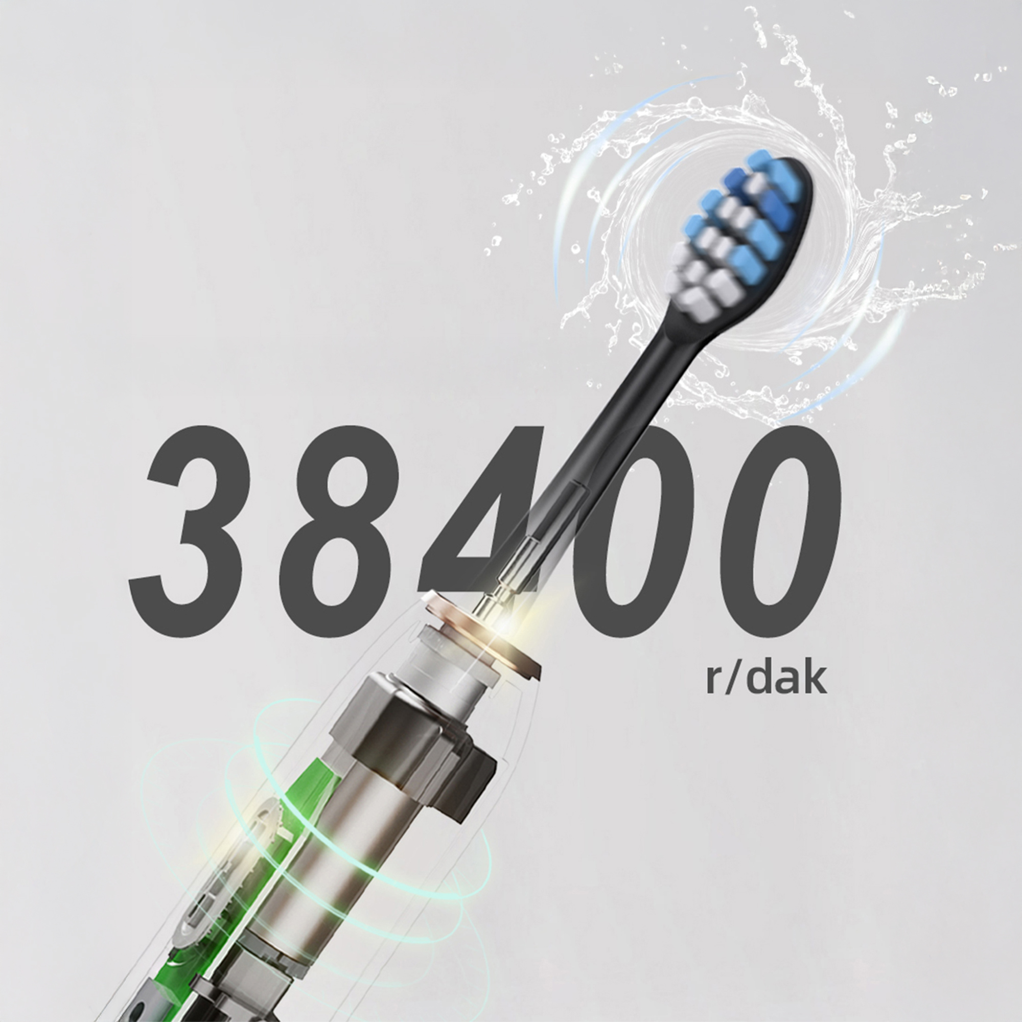 Elektrikli diş fırçası 38.400 devir/dak, mavi-beyaz başlık, su sıçramaları.
