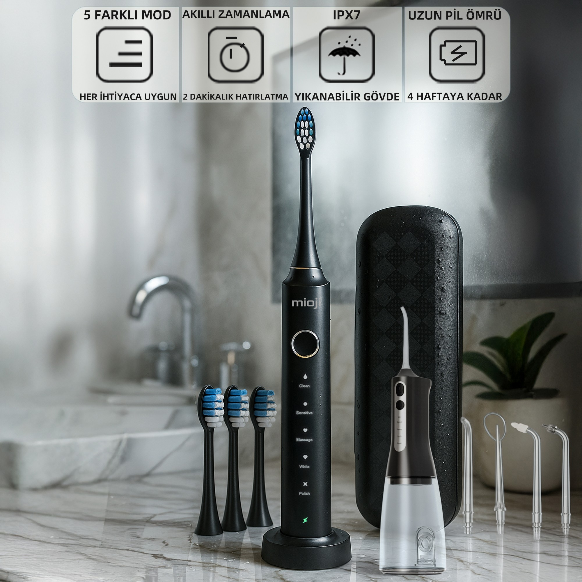 MIOJI Oral B6 Care Şarj Edilebilir 4 Fırça Başlık Ağız Duşu Siyah