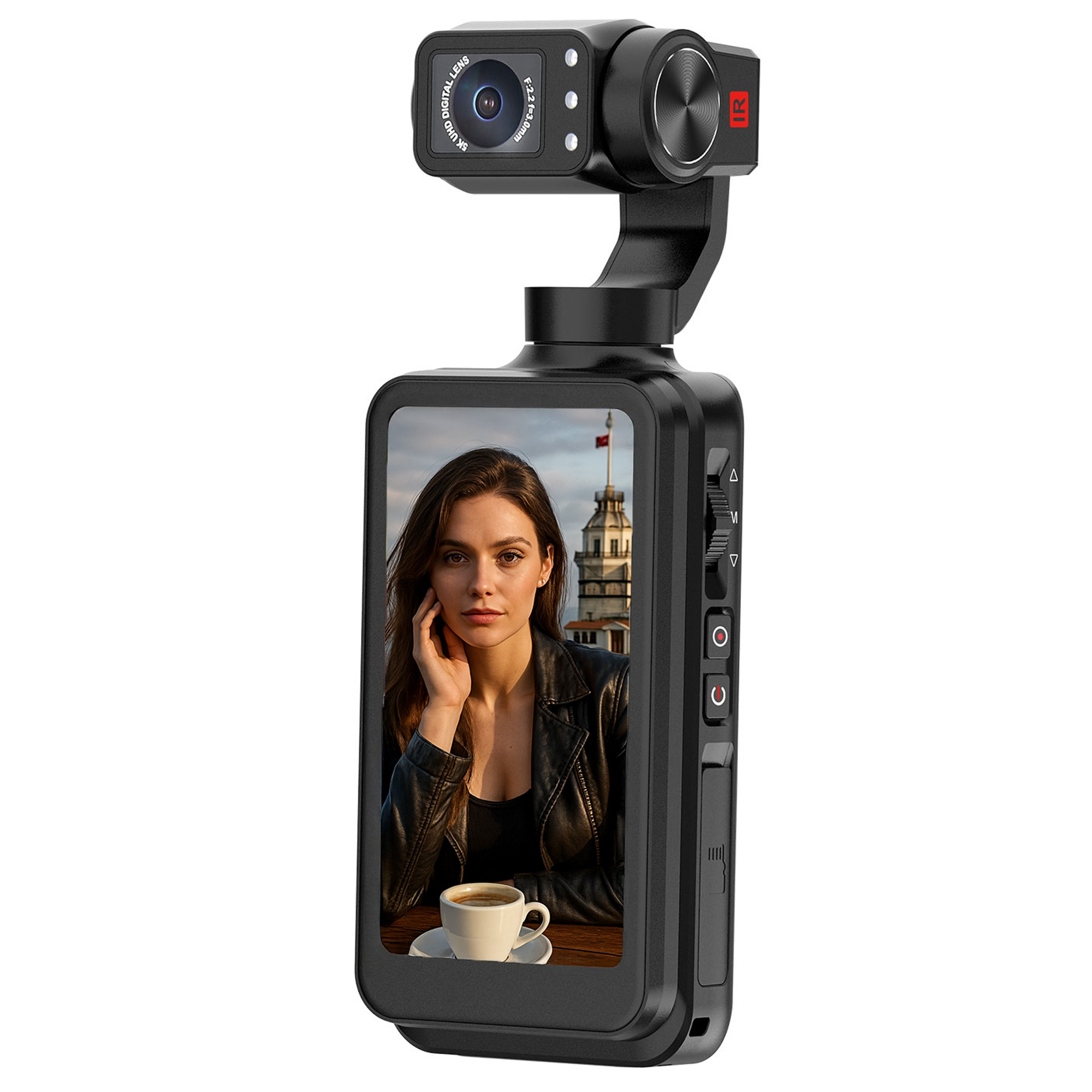 Kameralı gimbal, bayraklı bir kule ve fincan kahve önünde bir kadın gösteriyor.