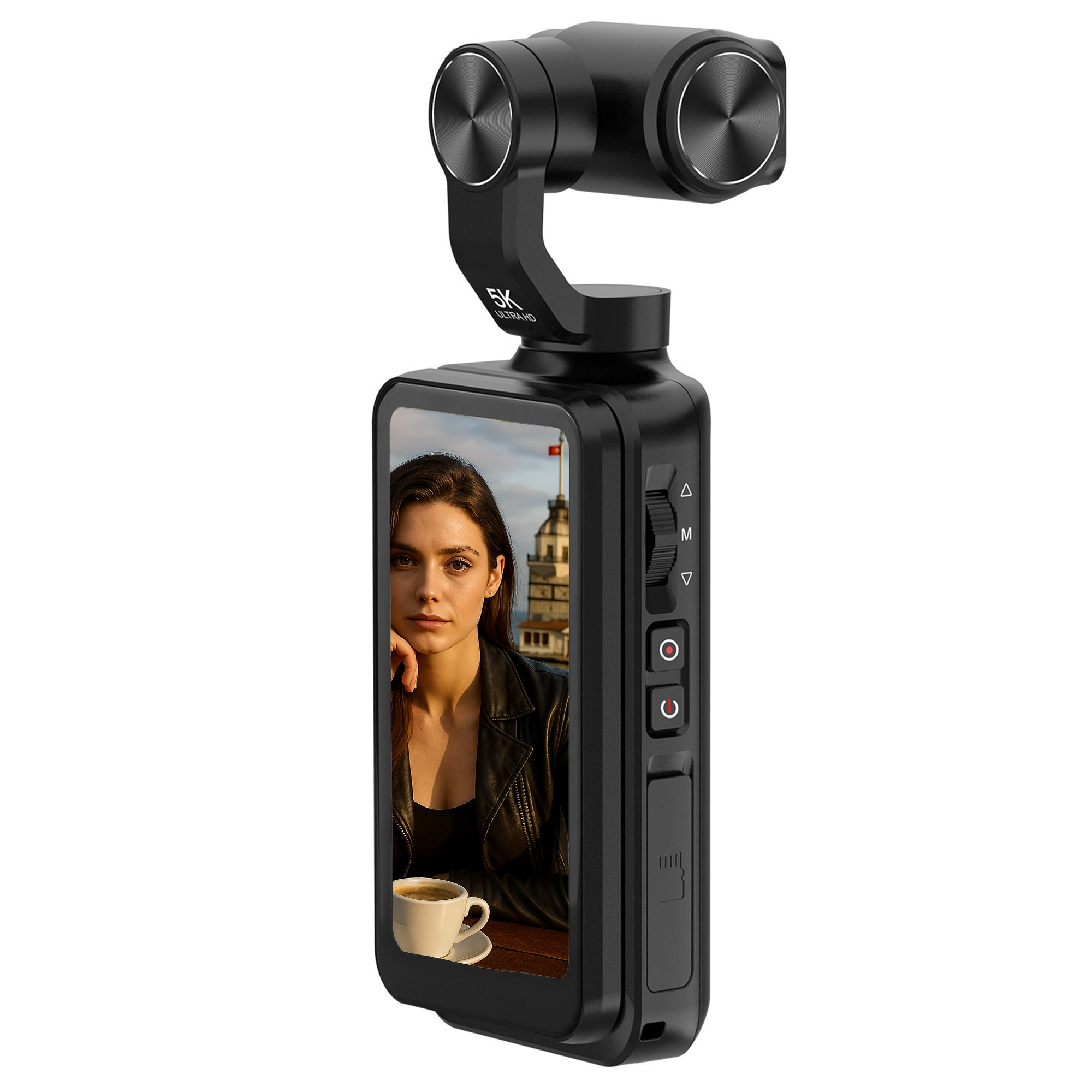Kadın ve kule gösteren ekranlı siyah gimbal.