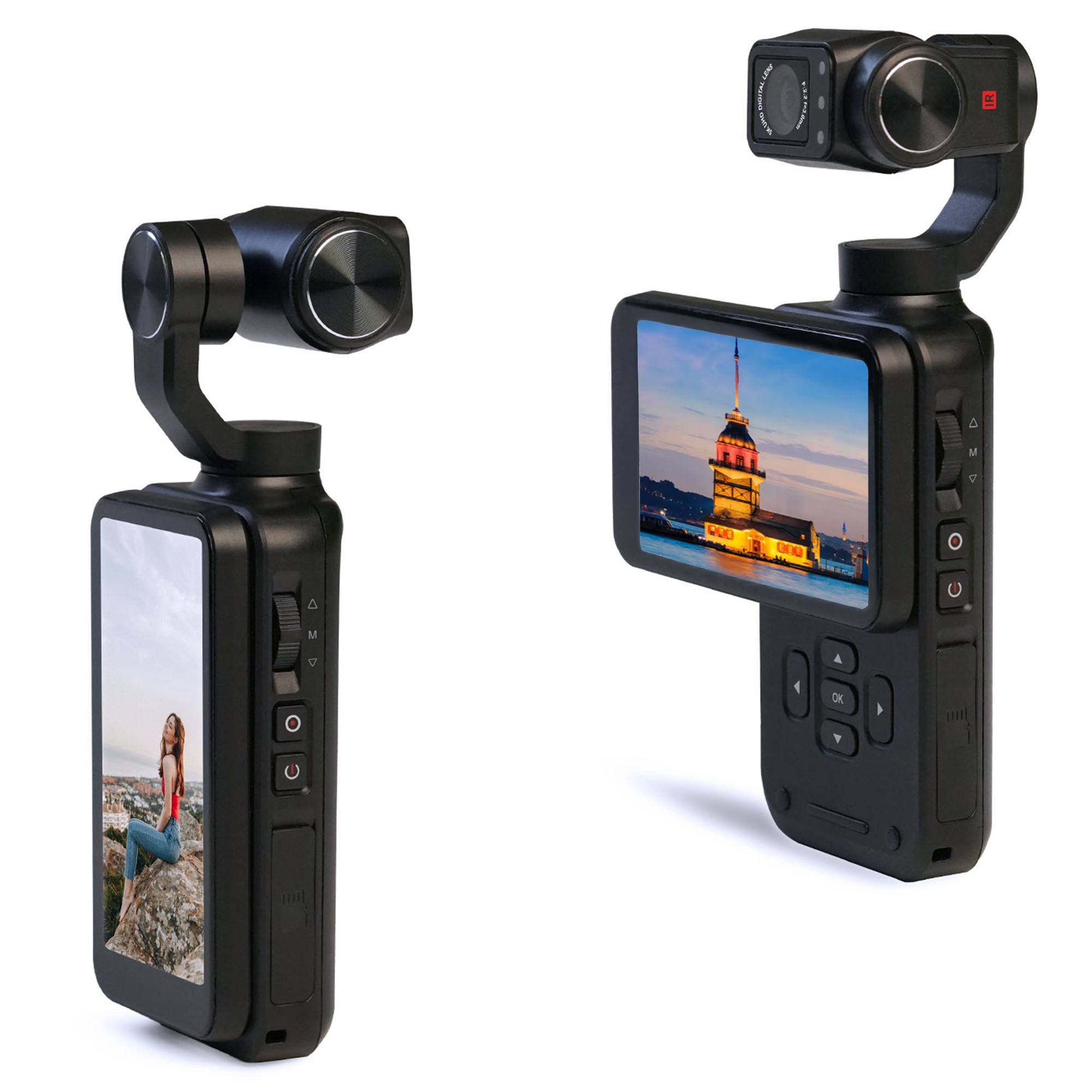 Ekranlı iki siyah gimbal kamera. Biri kadın, diğeri kule gösteriyor.